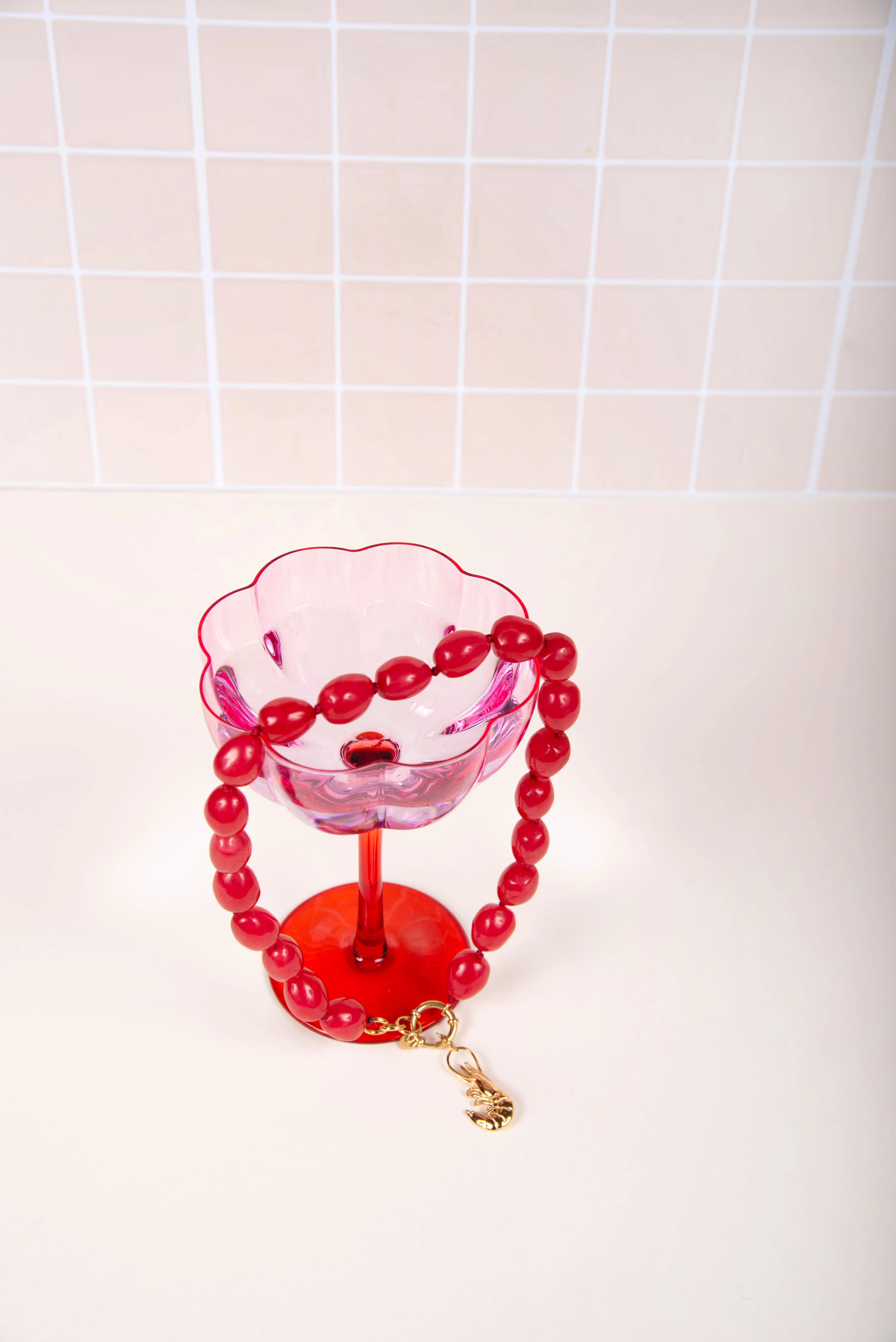 Pink resin necklace - with shrimp charms