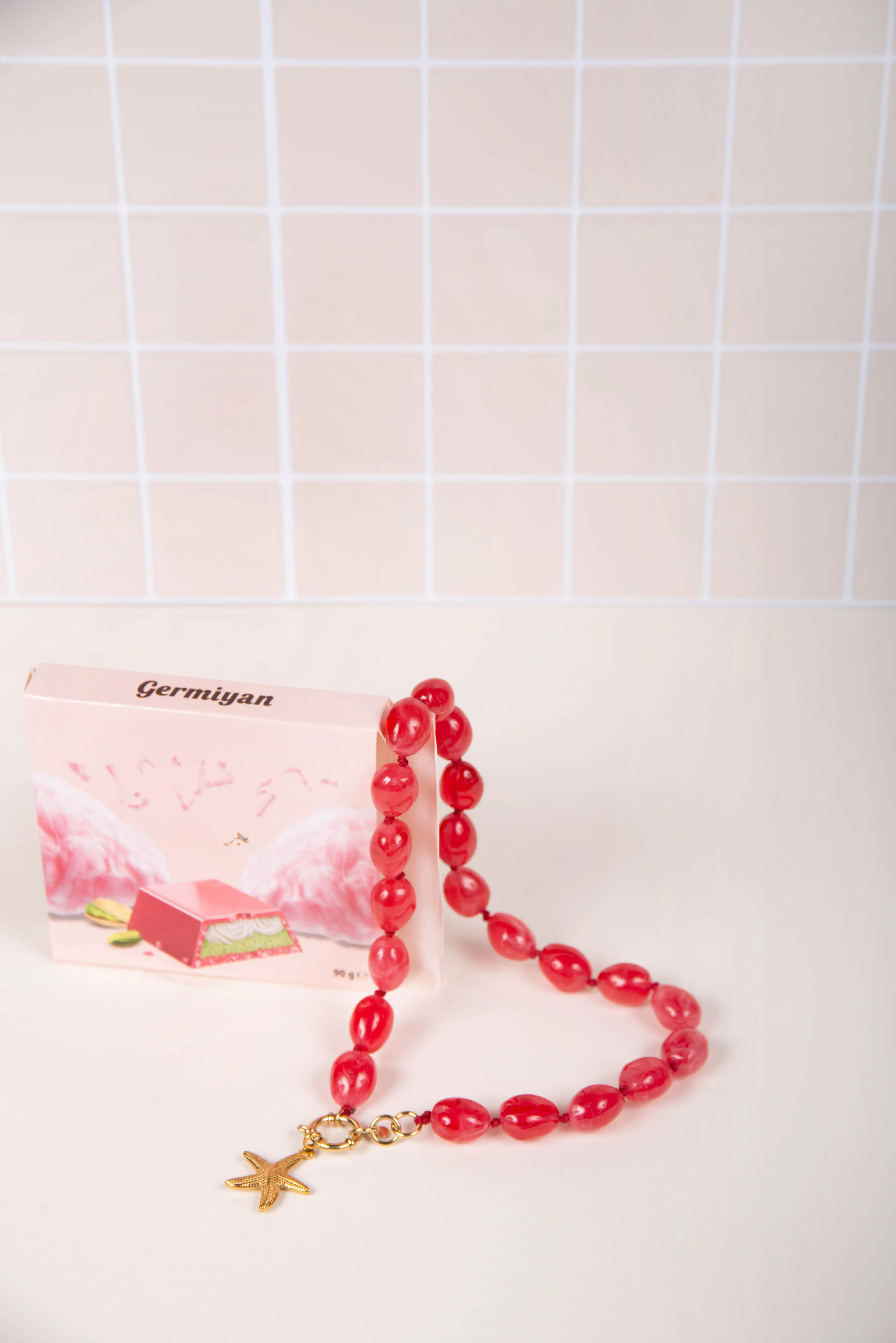 Pink resin necklace - with starfish charms