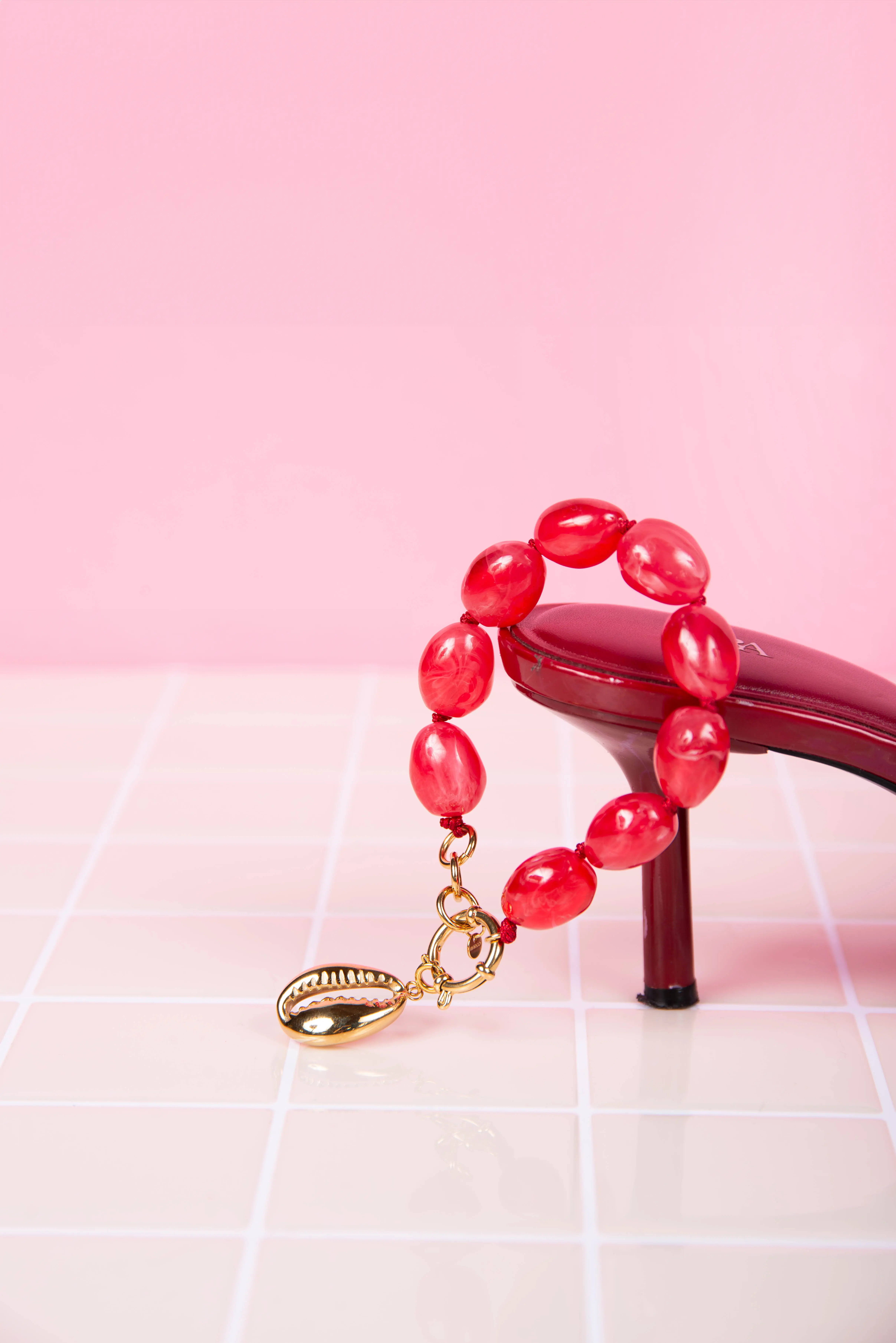 Pink resin bracelet - with seashell charms