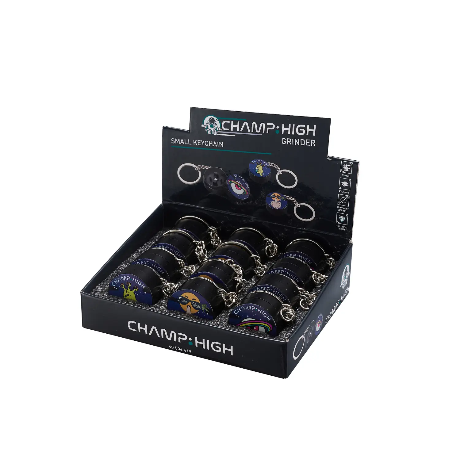 CHAMP HIGH 30mm Mini Grinder Keychain – 2 Layers – Display of 12 Pieces