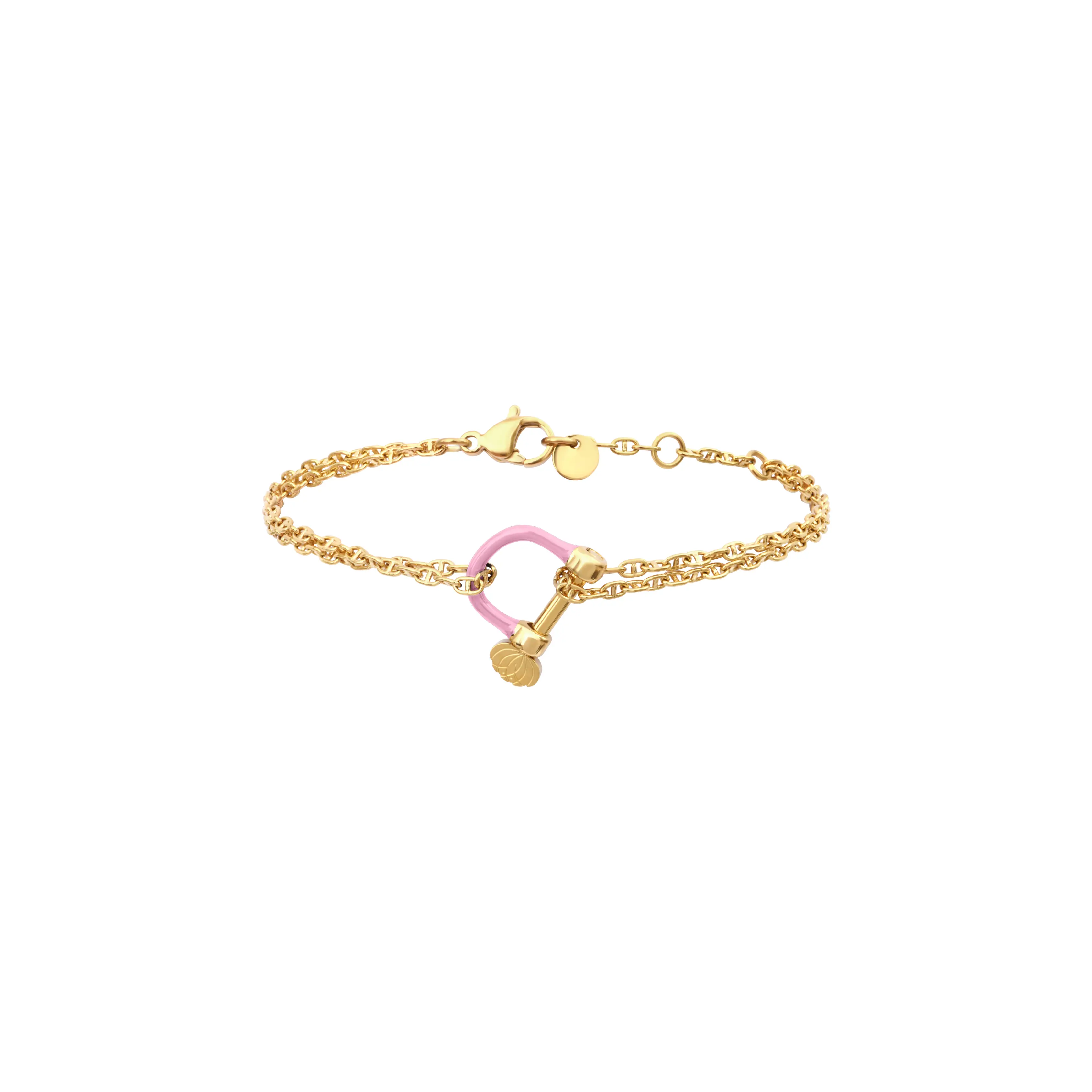 Pulsera con doble cadena marinera y grillete rosa.