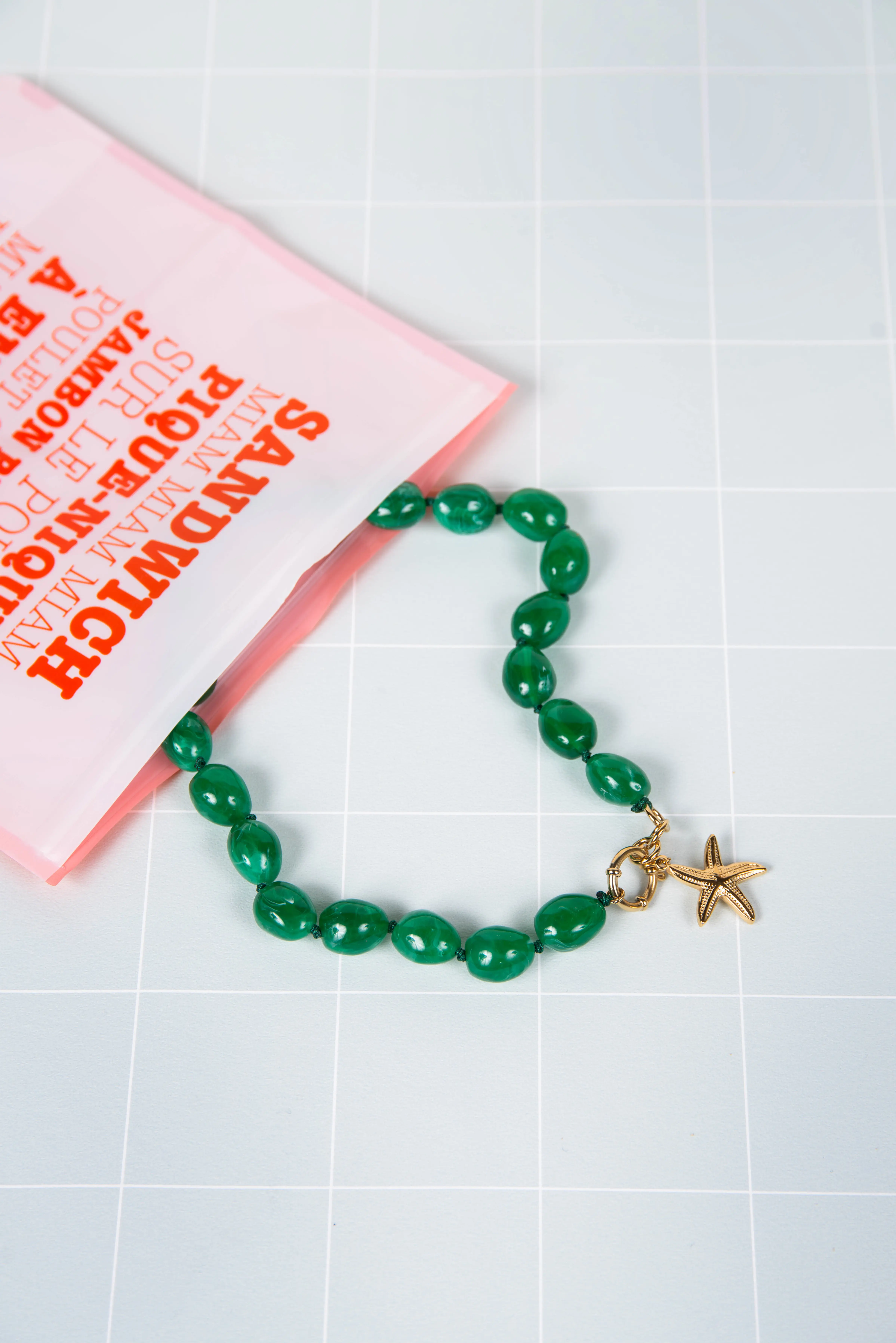 Green resin necklace - with starfish charms