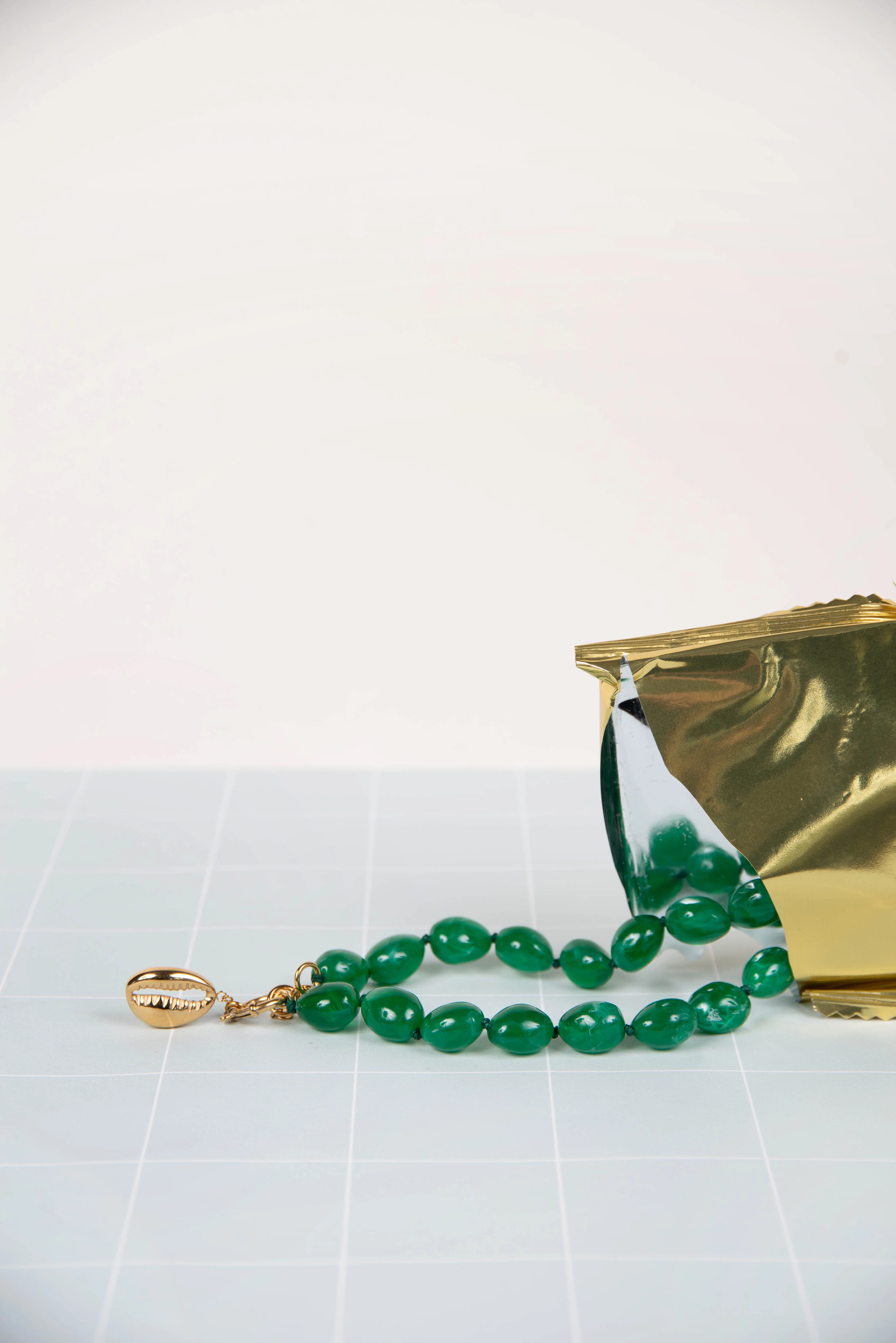 Green resin necklace - with seashell charms