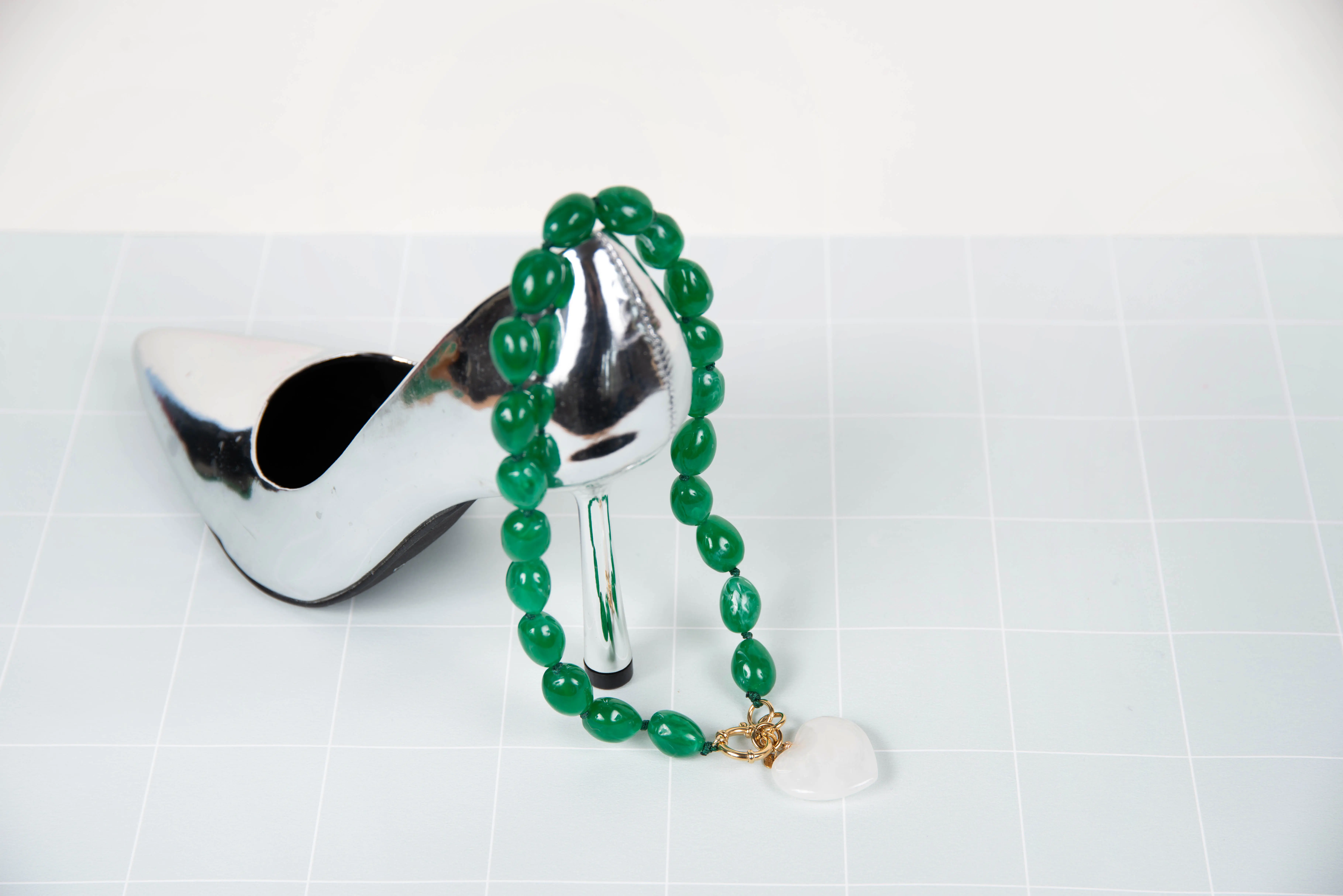 Green resin necklace - with heart charms