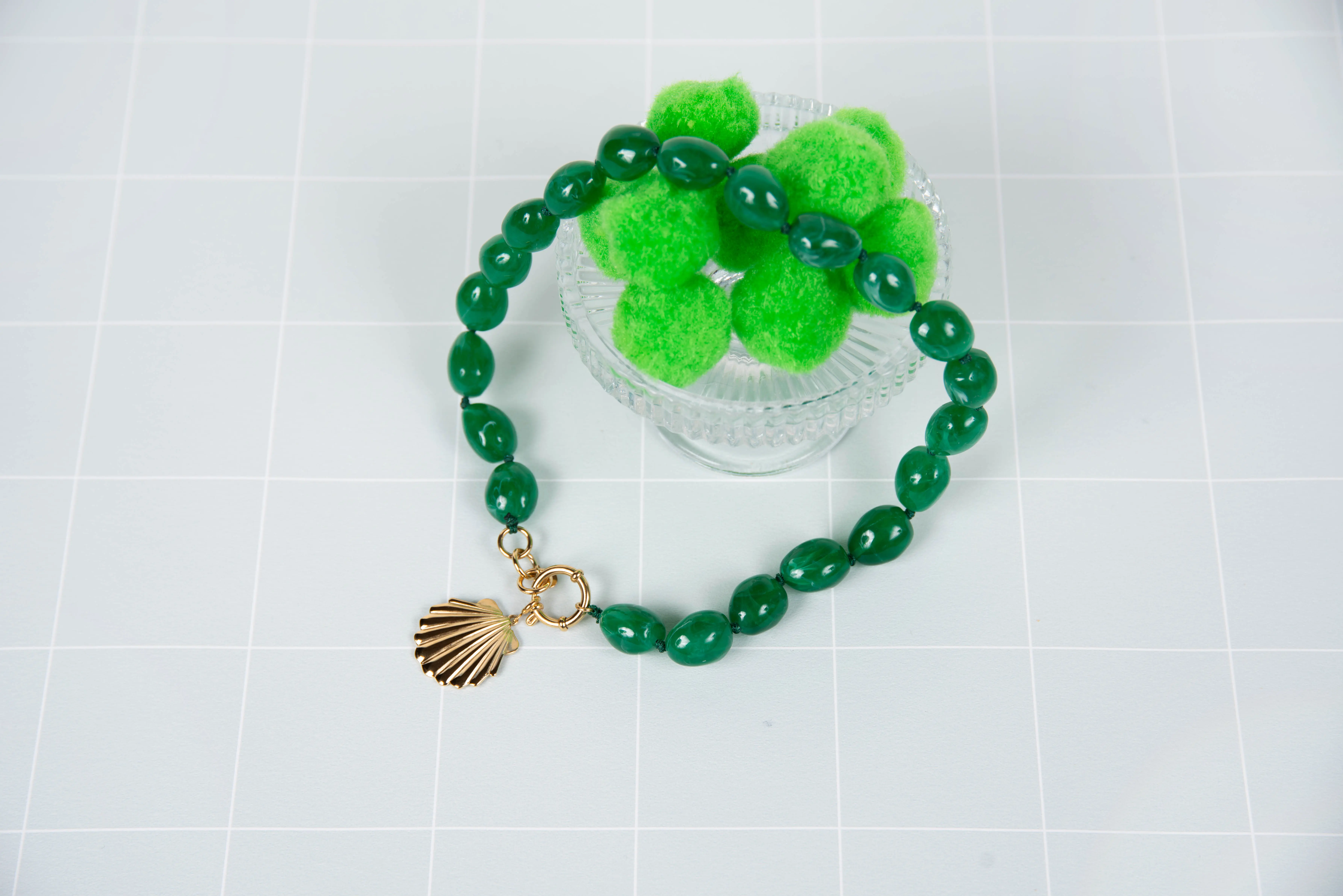 Green resin necklace - with scallop shell charms