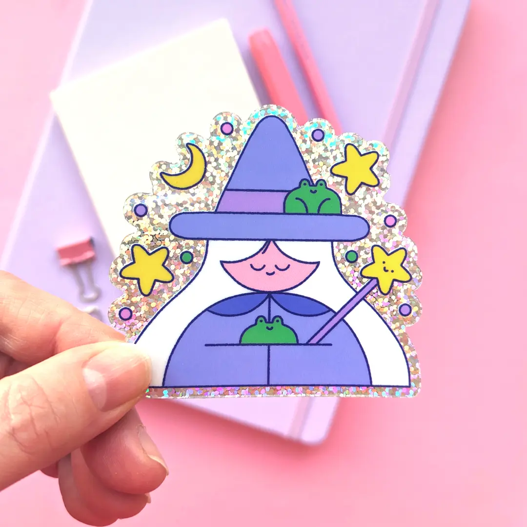 Glitter Frog Witch Sticker