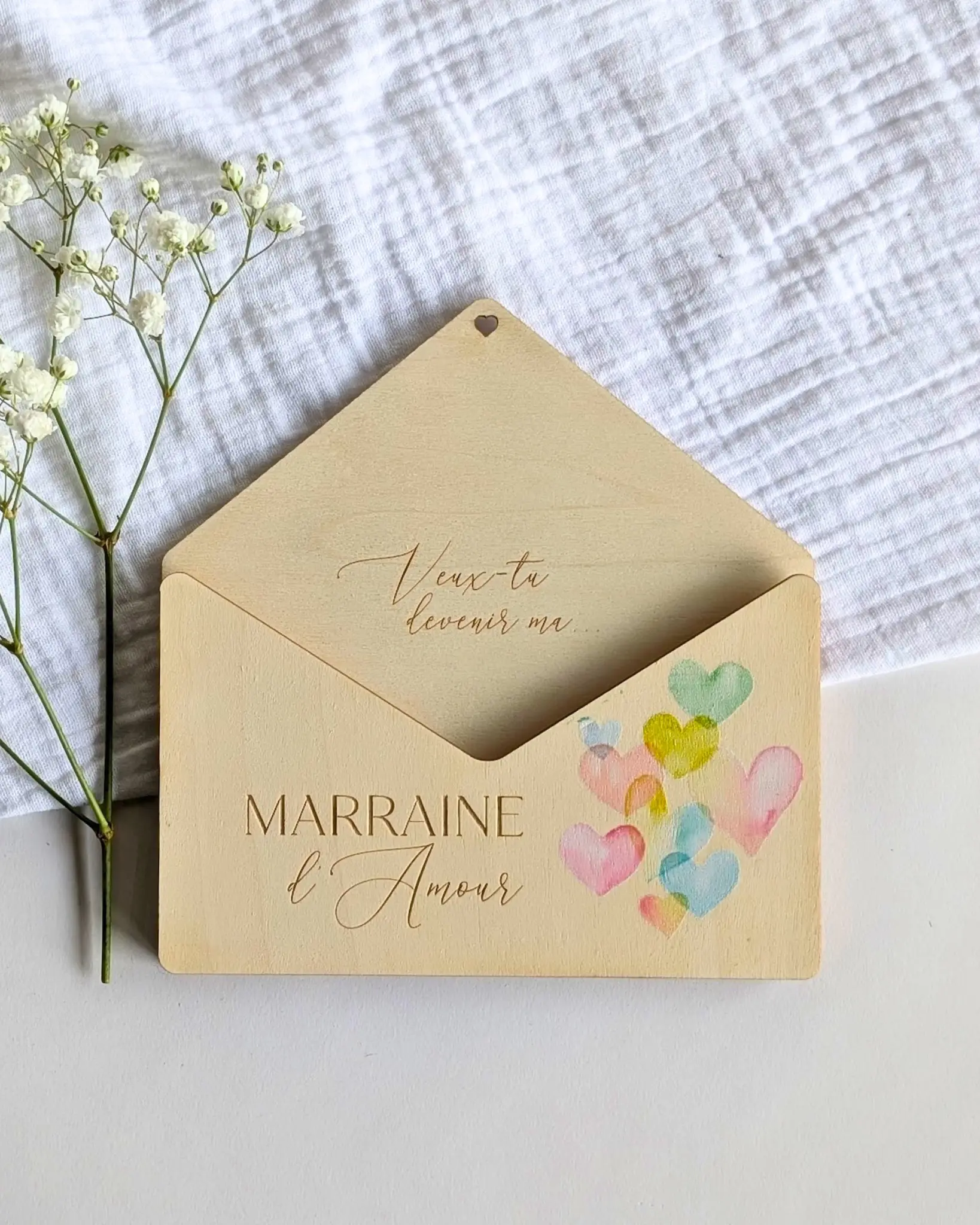 Wooden envelope for dried flowers | Godmother gift - godmother proposal - pregnancy announcement - idea