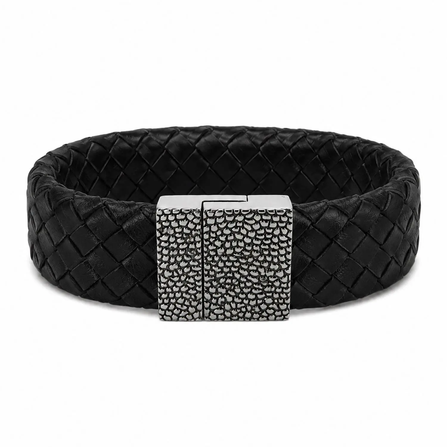 Herren-Lederarmband, schwarz, geflochten mit magnetischem Edelstahlverschluss, Reptilienmuster