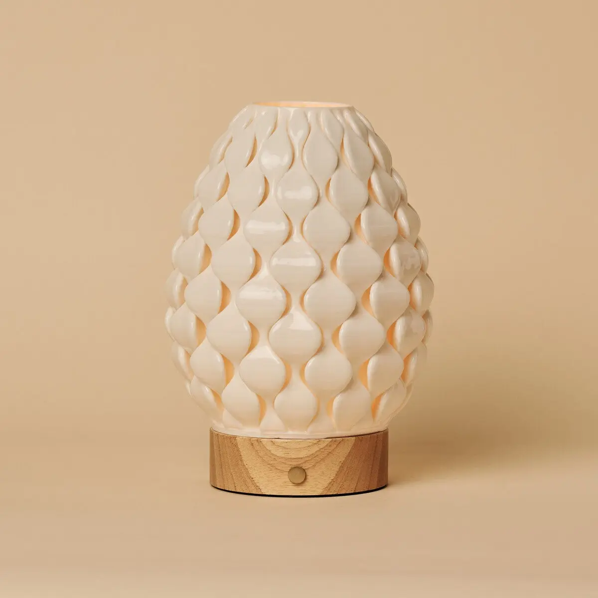 Serena Light Brown Wooden Rechargeable Table Lamp | Cordless, 3D-Printed Porcelain & 3 Light Modes