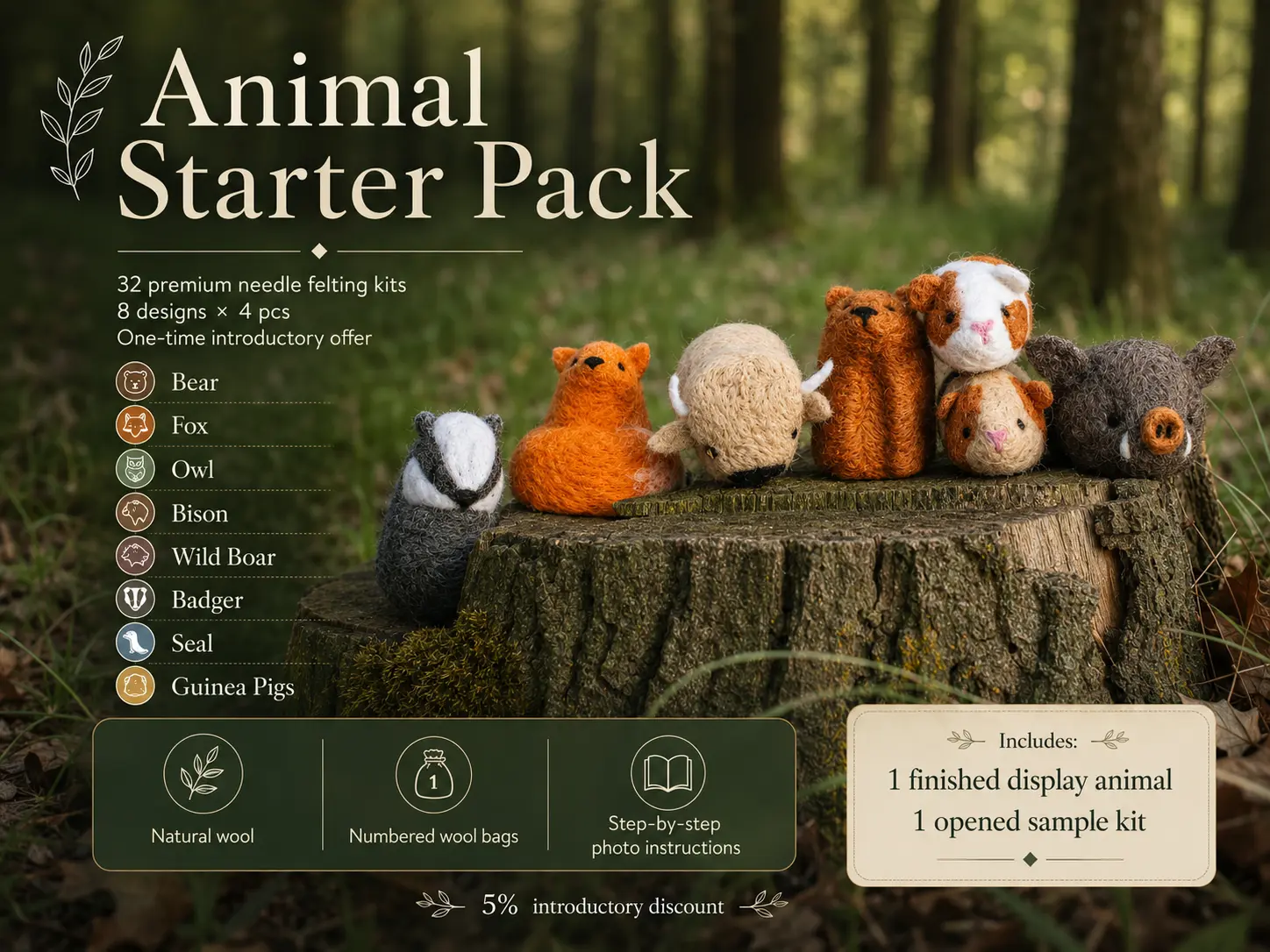 Agna Wool Art Animal Starter Pack – 32 Premium Needle Felting Kits