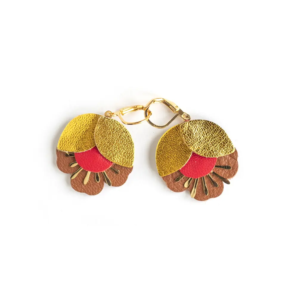 Cherry Blossom Earrings - Gold, Red, Brown Leather