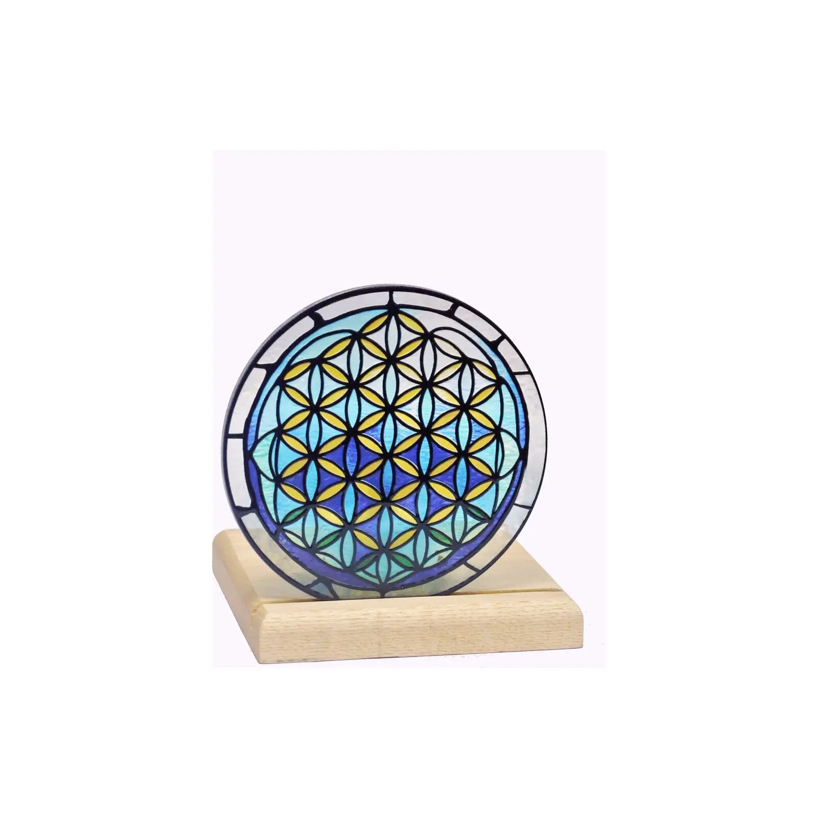 Teelichthalter mit Holzsockel, Blume des Lebens, Kunstleuchte, 25001FL, 10,3 × 10,3 × 11 cm