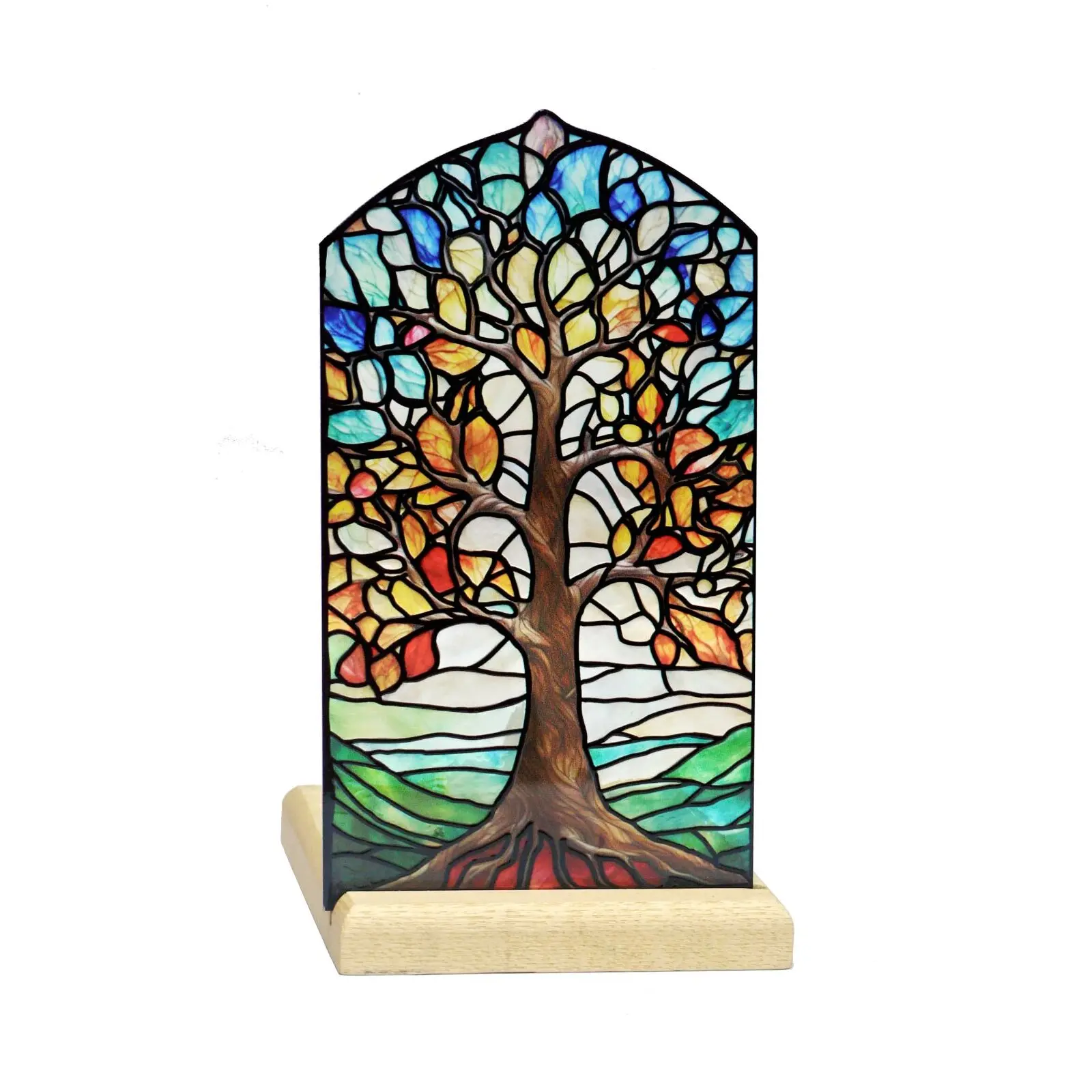 Teelichthalter mit Holzsockel, Lebensbaum, Kunstleuchte, 25001TL, 10,3 × 10,3 × 18,3 cm