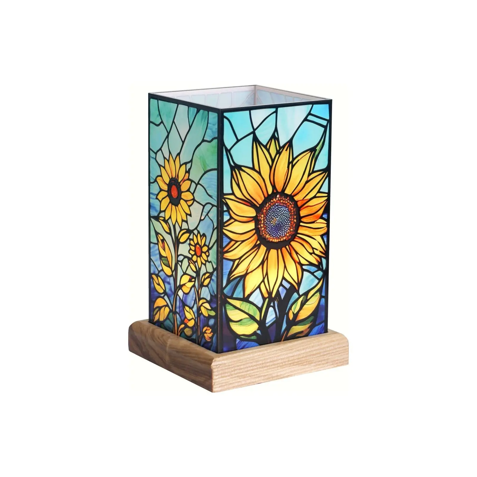 LED-Beleuchtung, Sonnenblume auf Holzsockel, Kunstleuchte, 25011SF, 10 x 10 x 16 cm