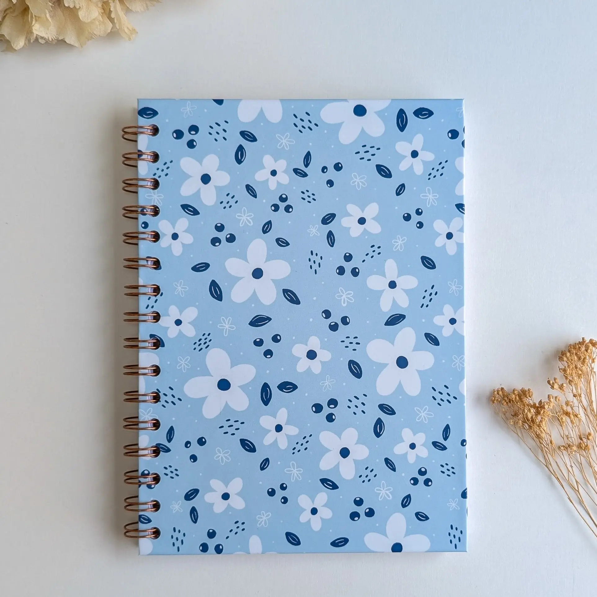 A5 Notebook - Spiral Bound - Small White Flowers - Blue, Pink or Purple Background