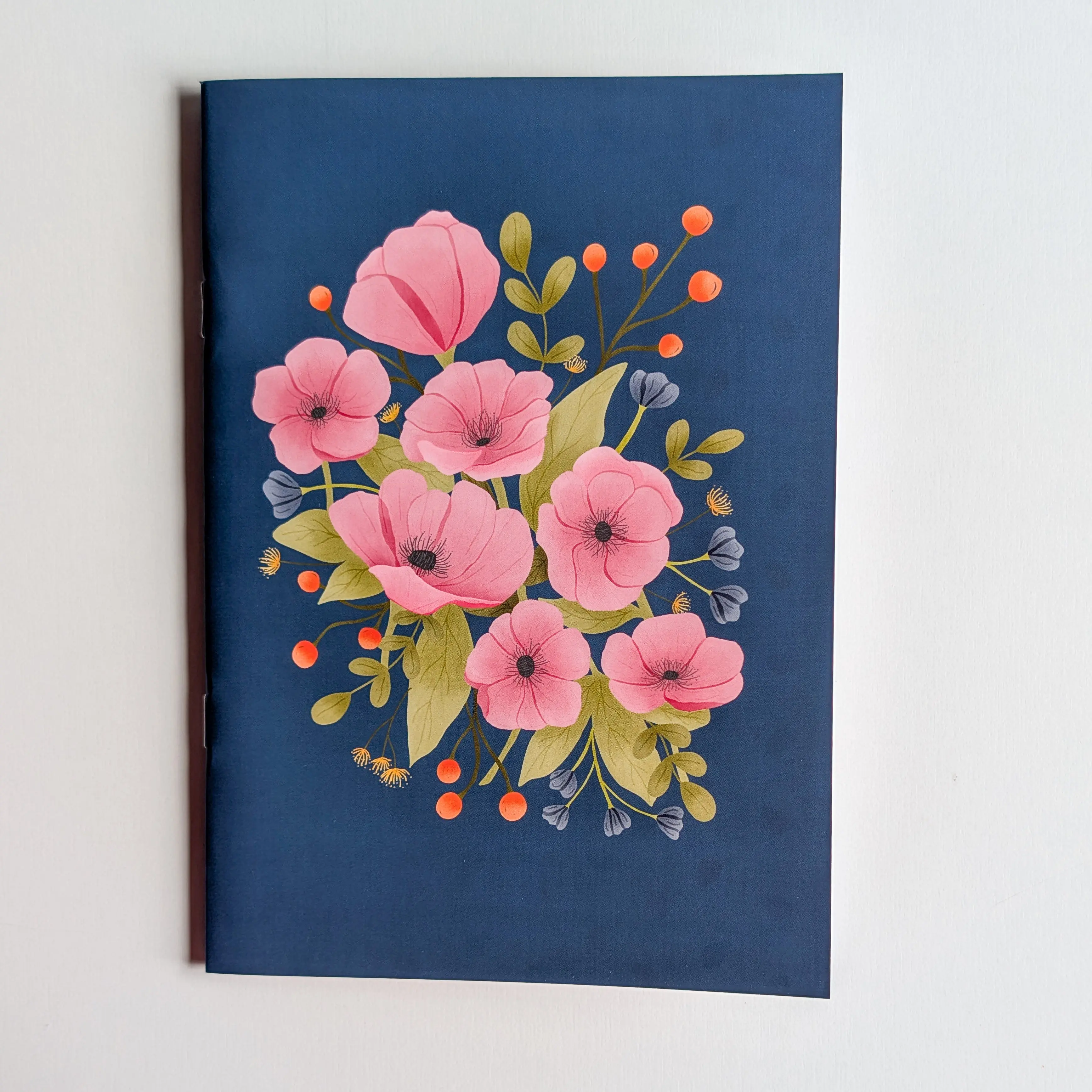 A5 Notebook – Stapled Binding - Pink & Navy Bouquet