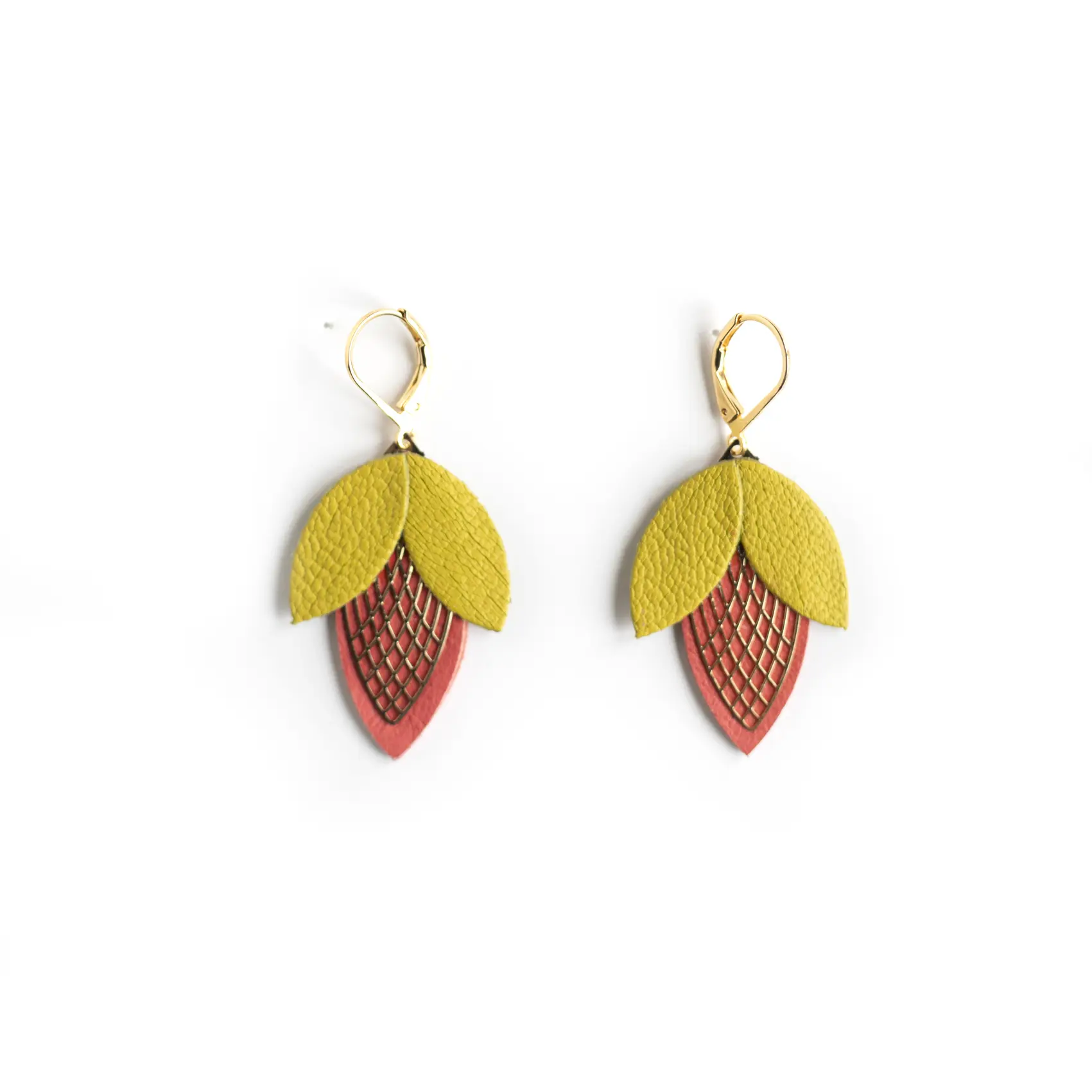 Bud Earrings - Green Leather and Coral Red