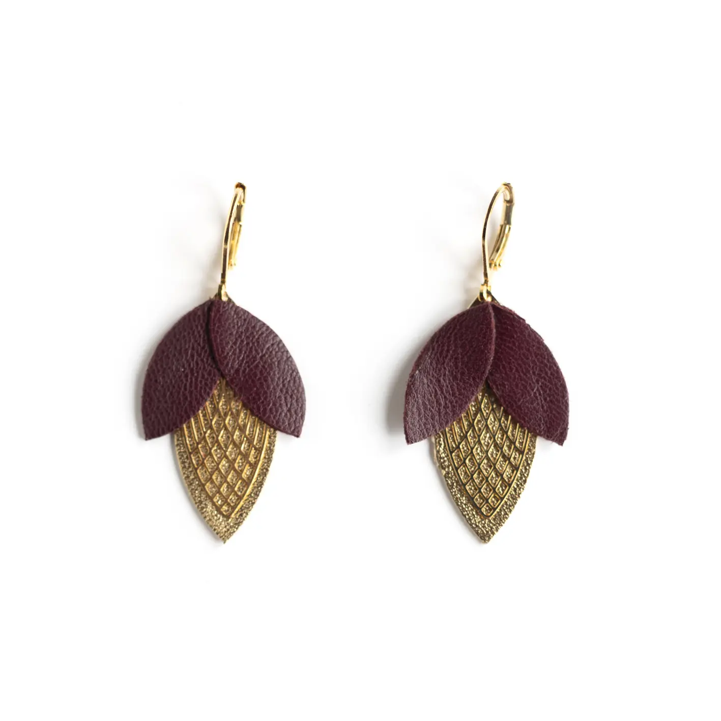 Bud Earrings - Burgundy and Gold Leather