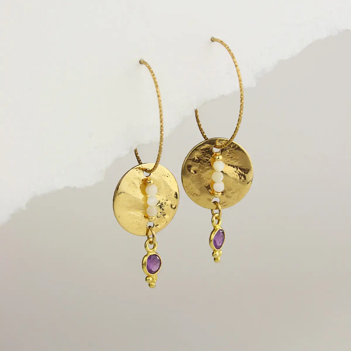Hoop earrings with natural stones, earrings with hammered gold medallion