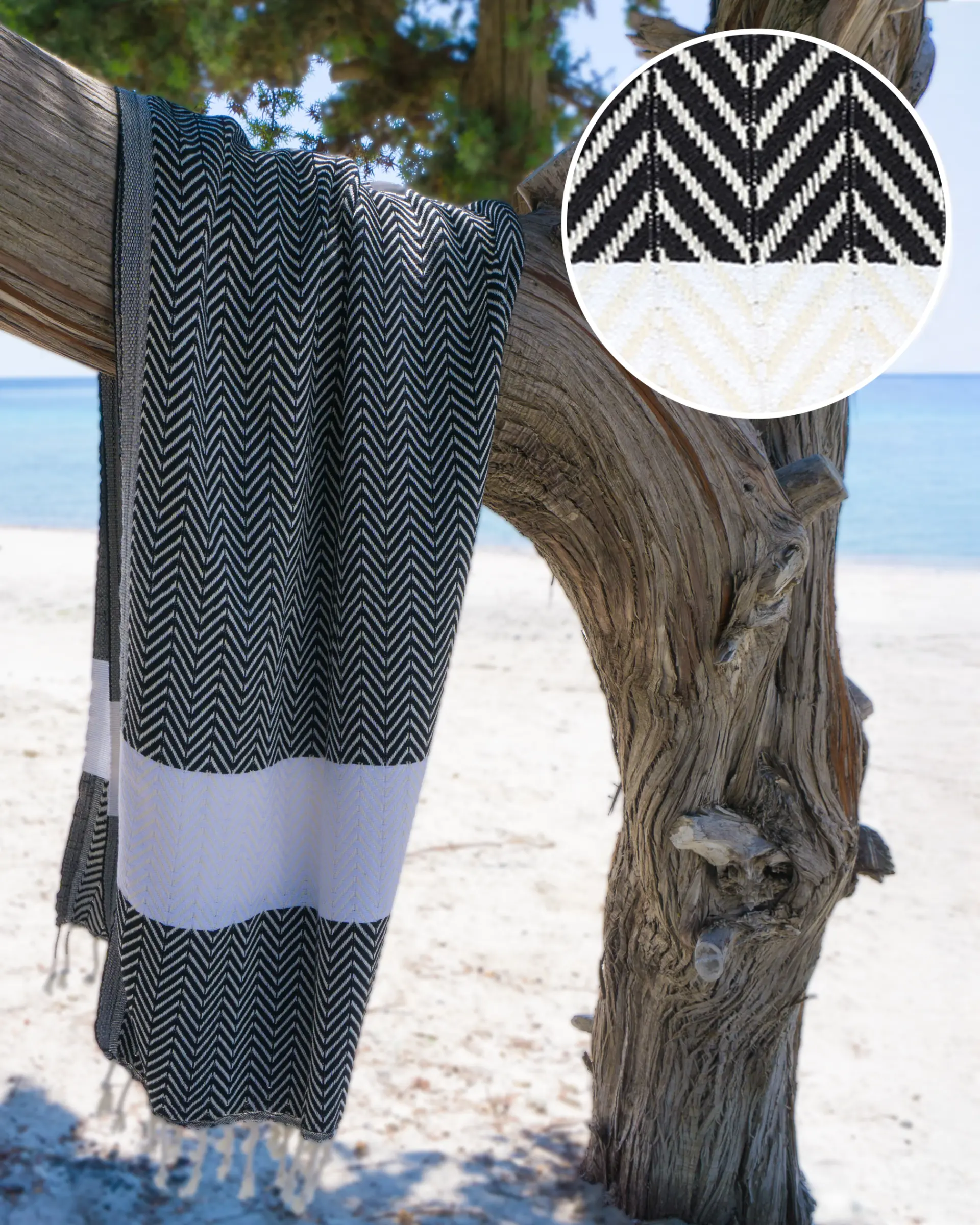 Serviette de plage hammam en coton ZAYA – Séchage rapide – Noir/Blanc – 180 x 100 cm