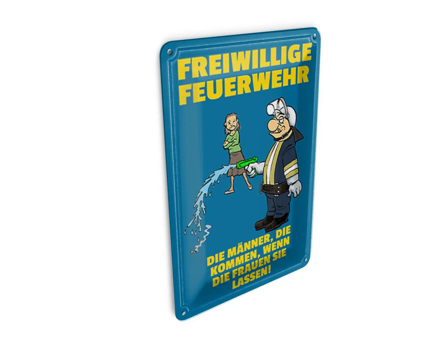 Tin postcard with saying, 10x14 cm, volunteer fire brigade men, decorative sign