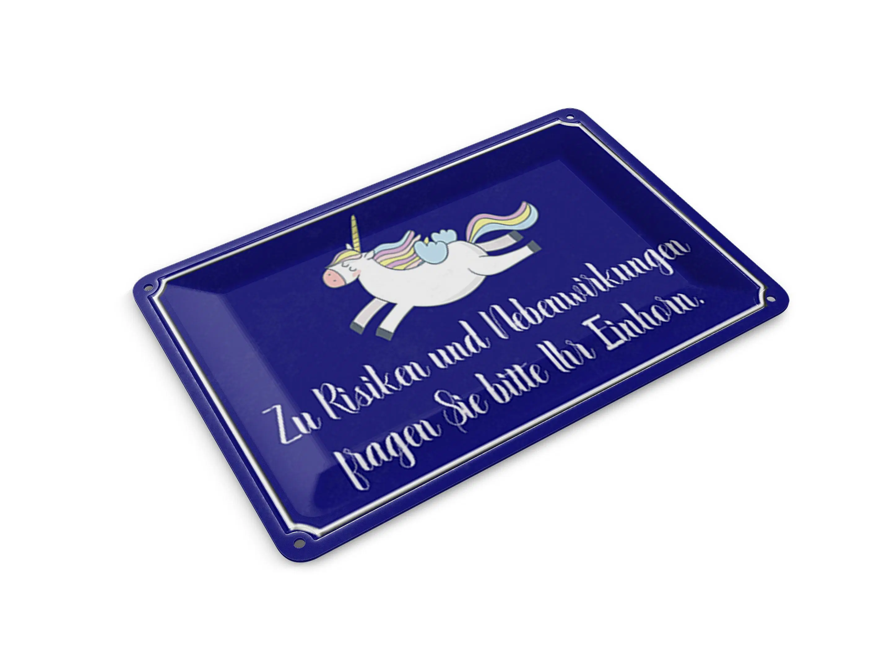 Tin postcard with saying, 14x10 cm: "Ask about risks, unicorn decoration sign"
