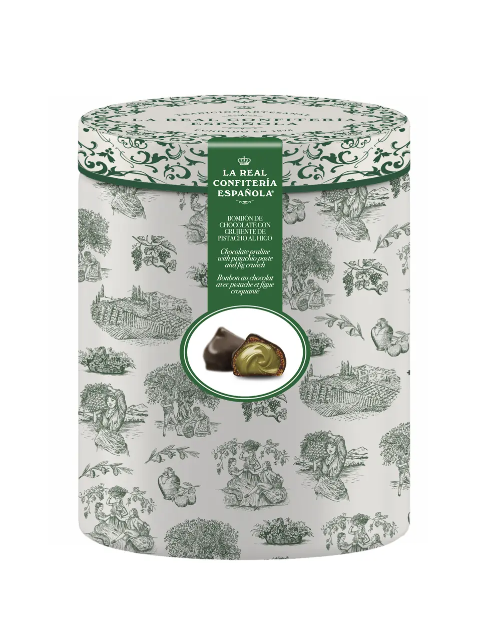 Olivar lata (bombón de higo con crujiente de pistacho)