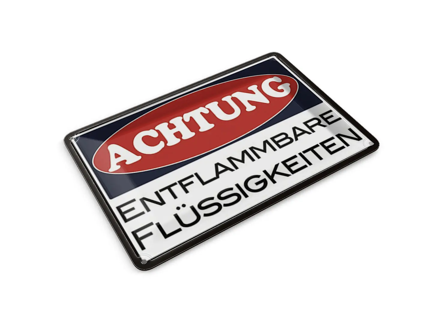 Tin postcard, warning, 14x10cm. Caution: flammable liquid. Decorative sign.