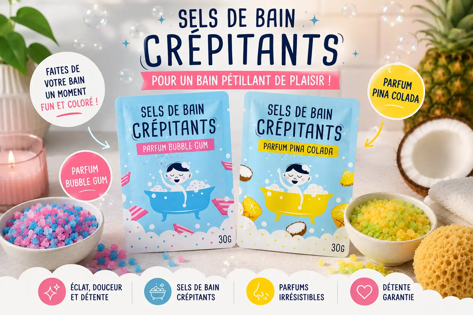 Bubble Gum & Pina Colada Scented Crackling Bath Salts – Relaxing and Fun Sparkling Bath