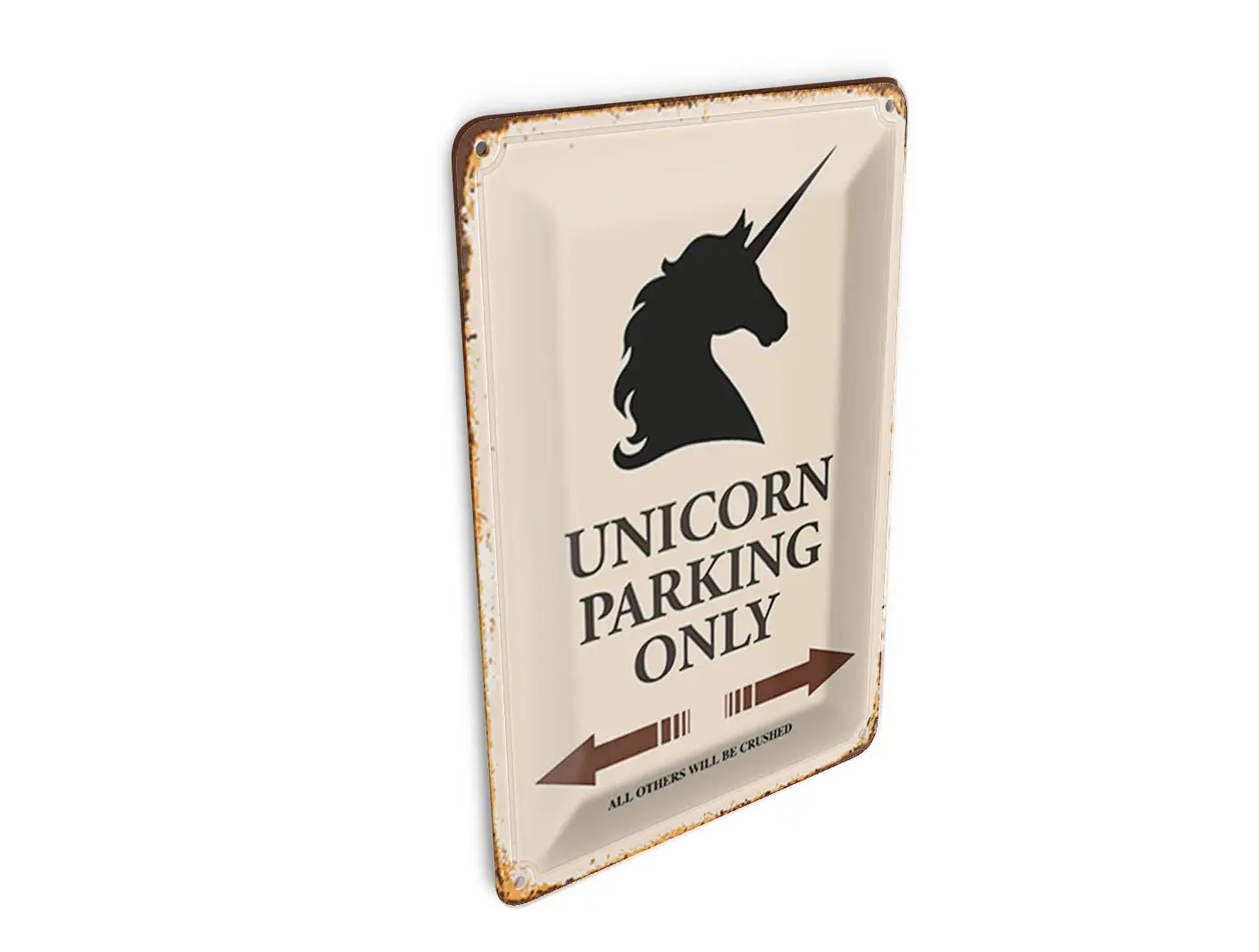 Tin postcard with saying, 10x14 cm, Unicorn Parking only, all others, decorative sign