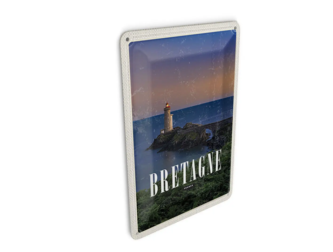 Tin postcard, travel style, 10x14 cm, retro, Brittany, France, lighthouse decoration