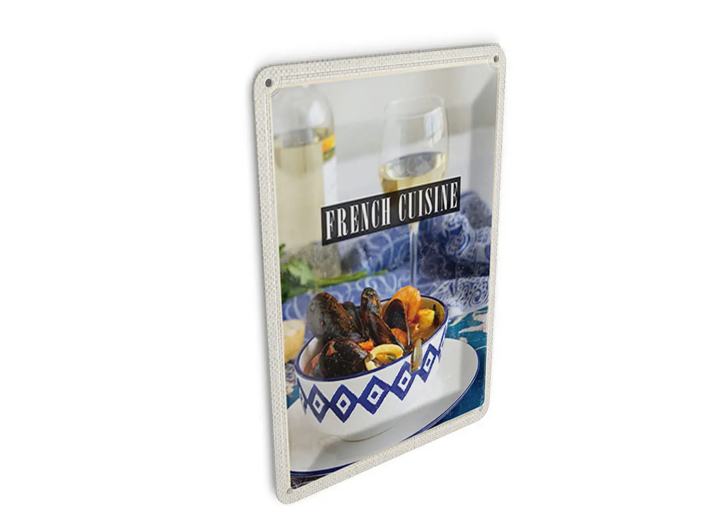 Tin postcard, travel, 10x14cm, French cuisine, seafood, wine, decoration