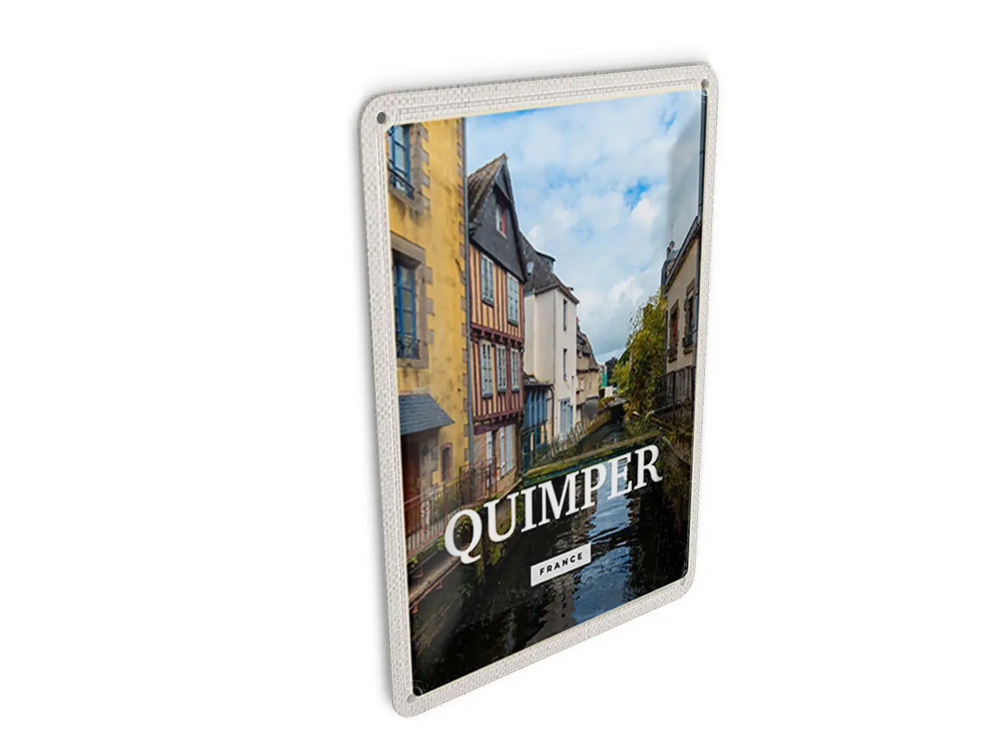 Tin postcard, travel, 10x14cm, Quimper, France, Old Town, River, Sign