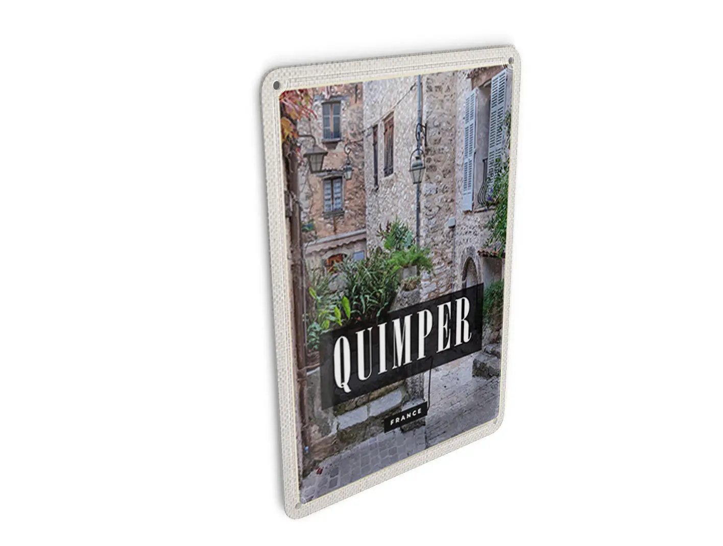 Tin postcard, travel, 10x14 cm, Quimper, France, architecture, stone house, sign