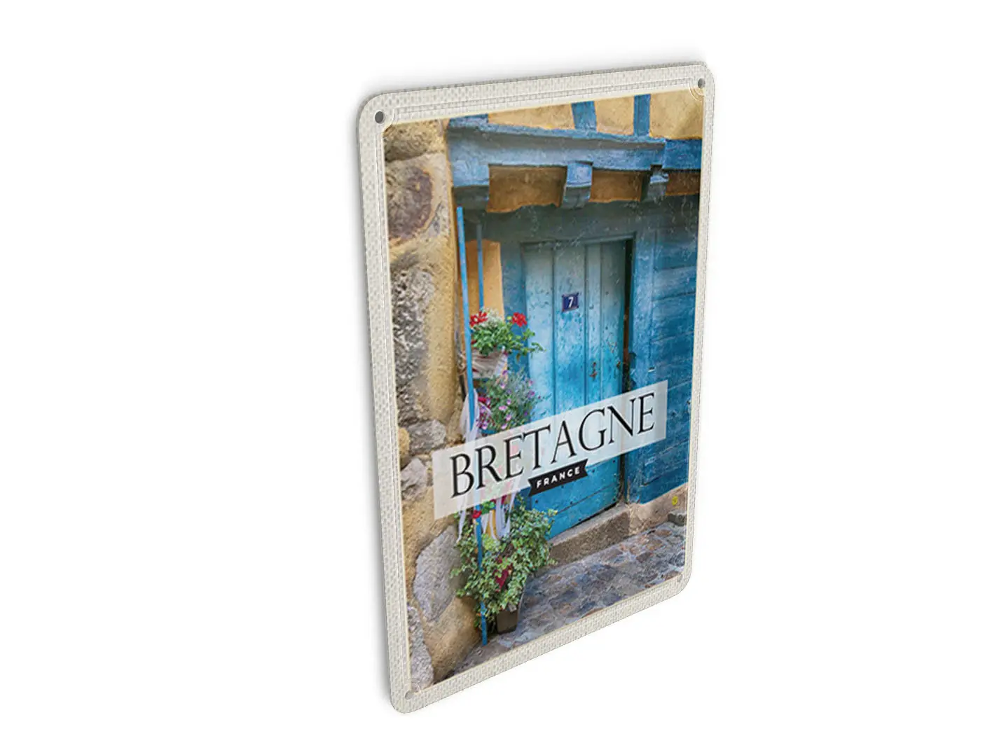 Tin postcard, travel, 10x14 cm, Brittany, France, wooden door, 7 sign