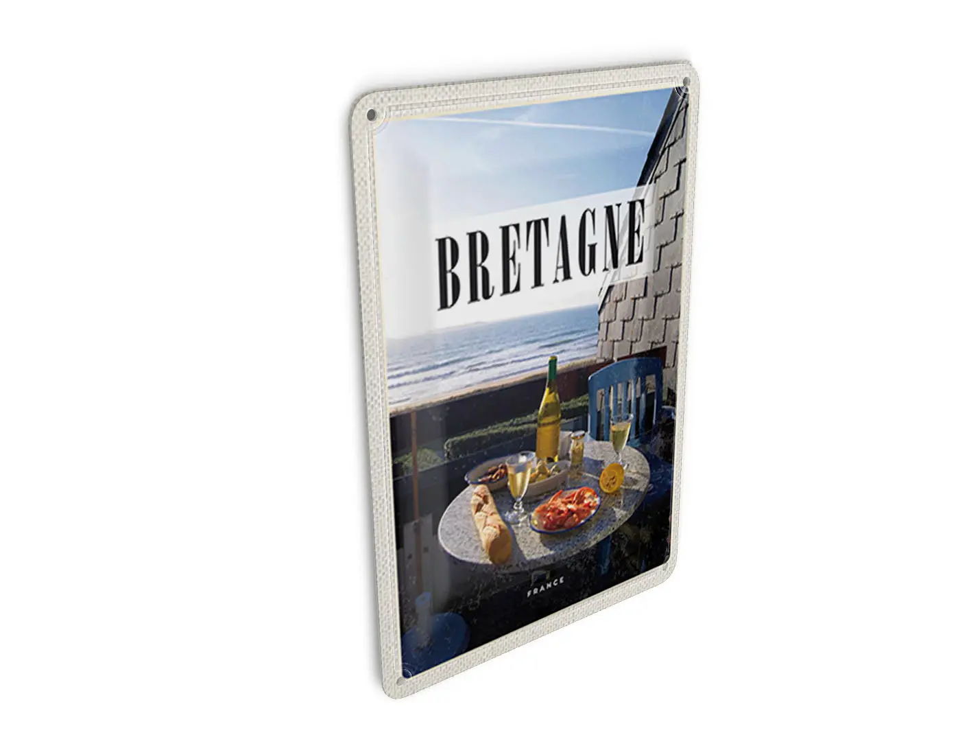 Tin postcard, travel, 10x14 cm, Brittany, France, holiday, breakfast, sign