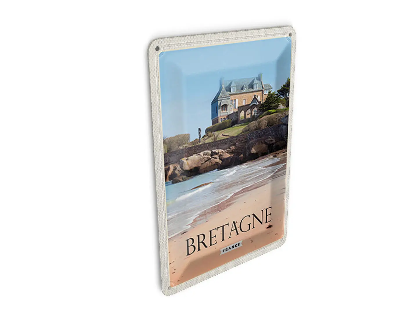 Tin postcard, travel, 10x14 cm, Brittany, France, architecture, decorative sign