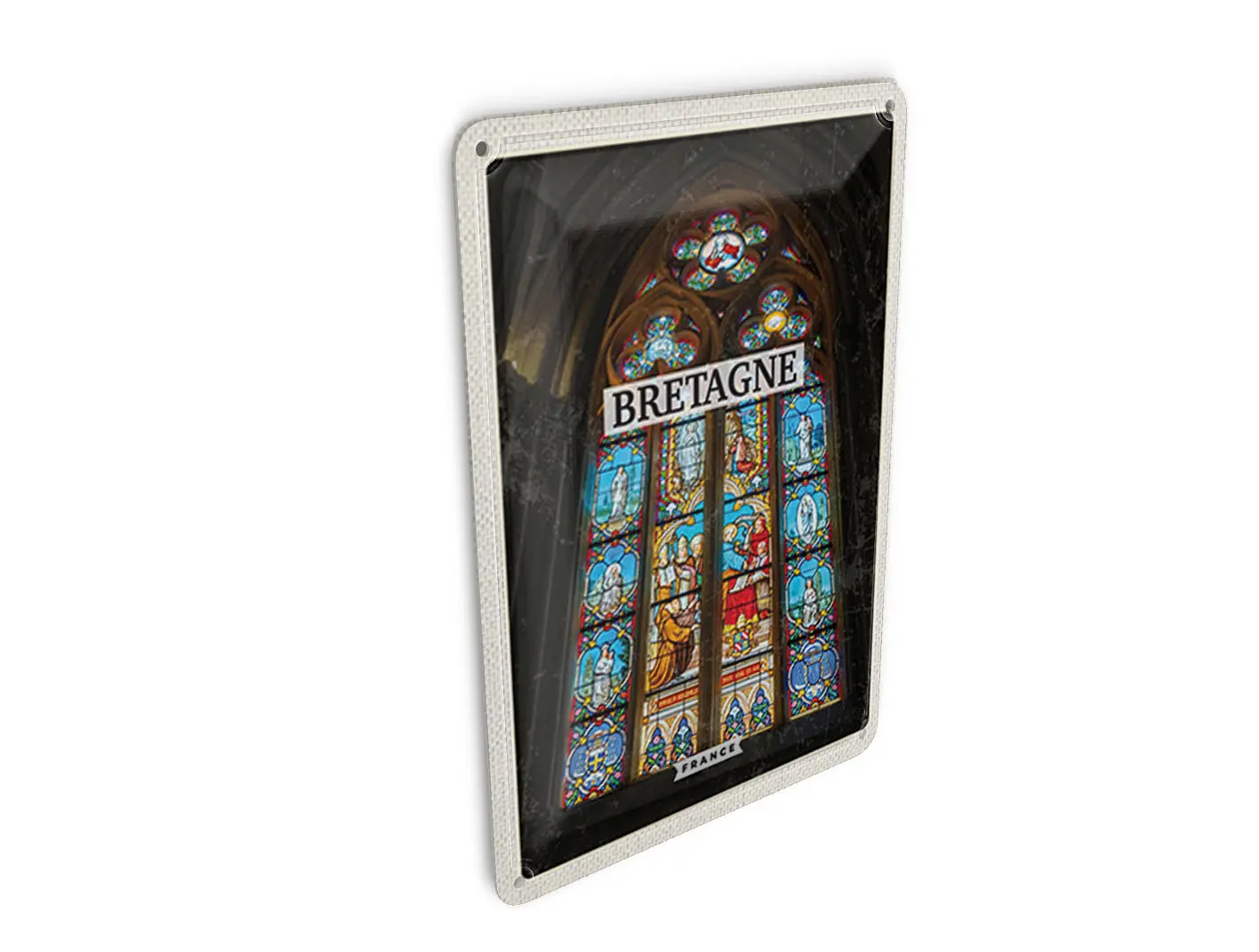 Tin postcard, travel, 10x14 cm, Brittany, France, chapel, destination sign