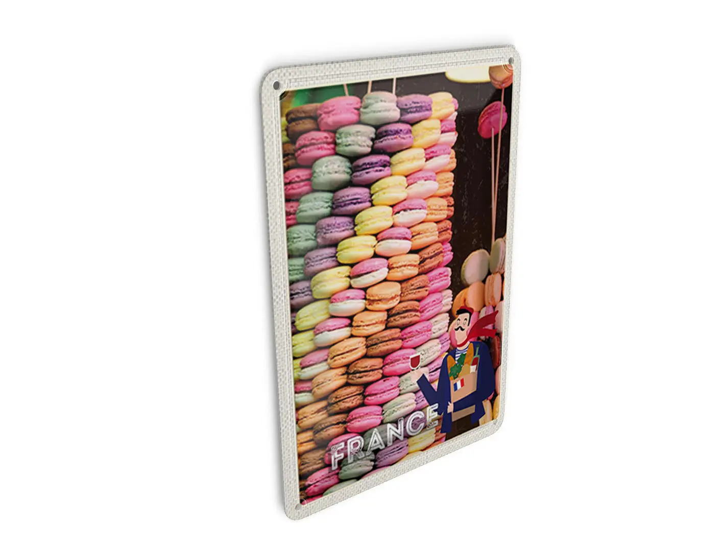 Tin postcard, travel, 10x14 cm, France, sweets, macarons, sweet sign