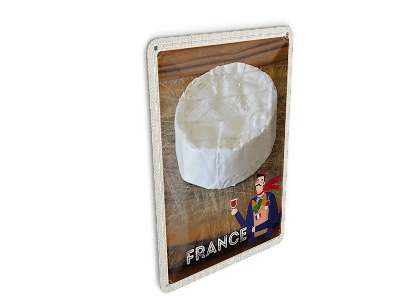 Tin postcard, travel, 10x14 cm, France, Camembert cheese, baguette, sign