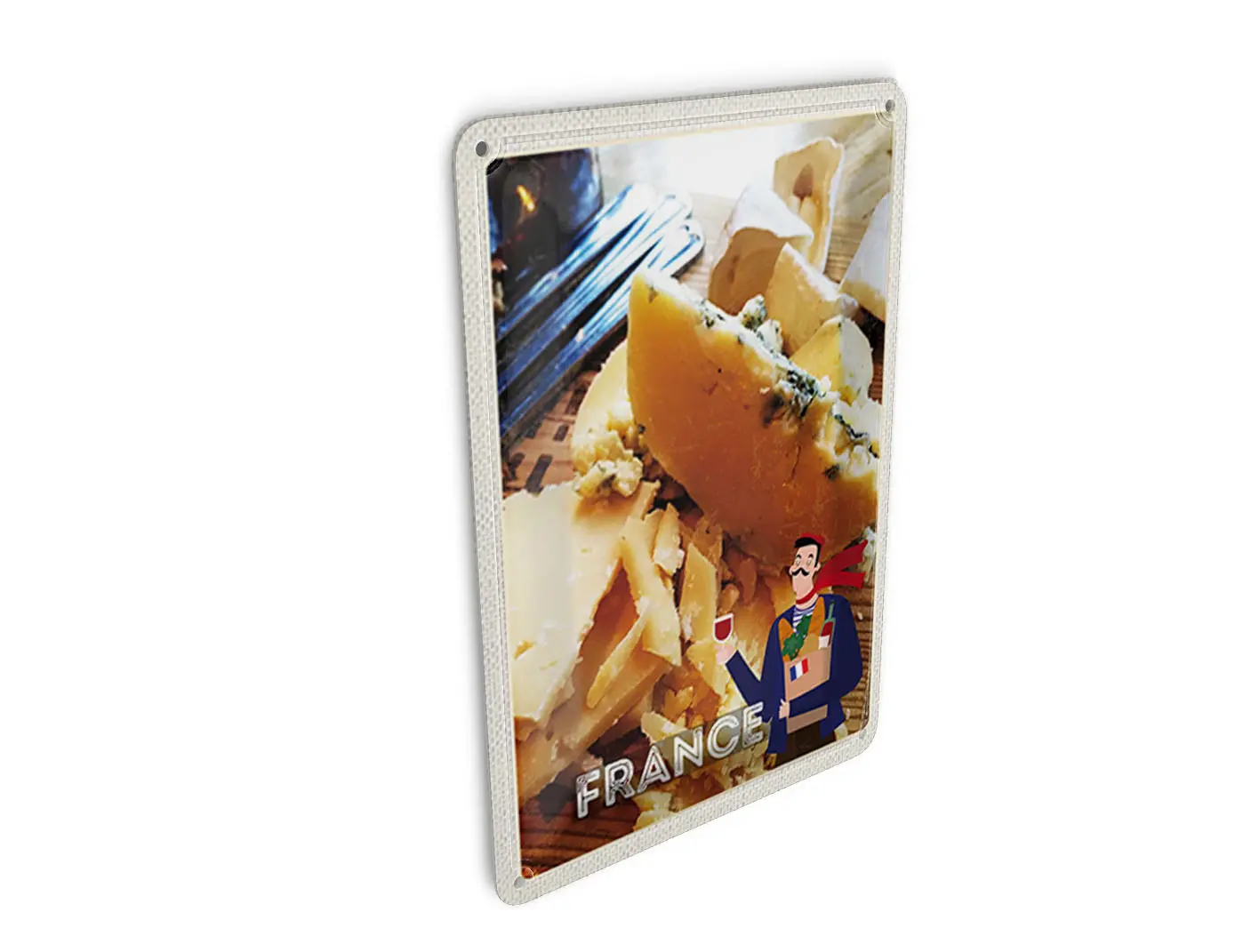 Tin postcard, travel, 10x14cm, France, cheeses, wine, baguette, sign