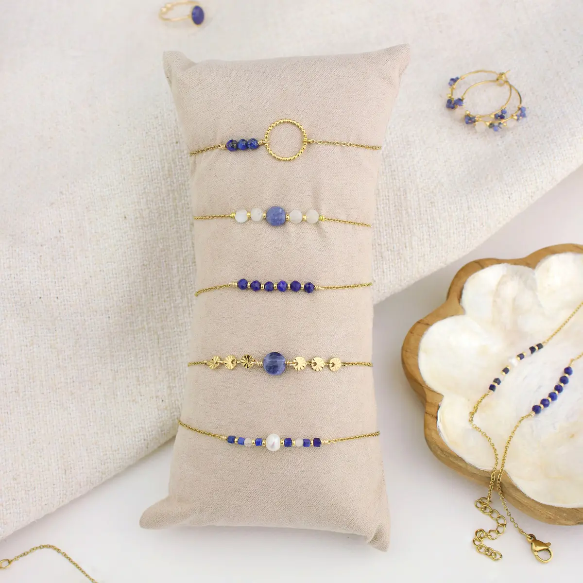 Set of 5 stainless steel bracelets with natural stones - Free display stand