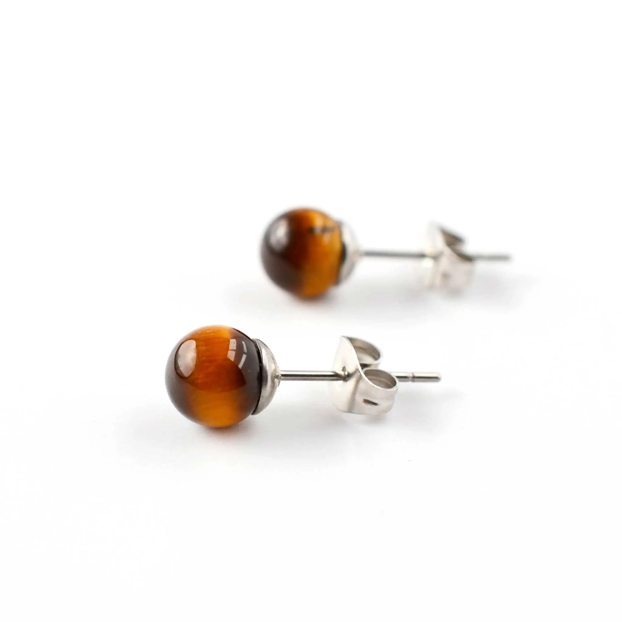 6mm Tigers Eye Stud Earrings, Hypoallergenic Surgical Steel Gemstone Studs