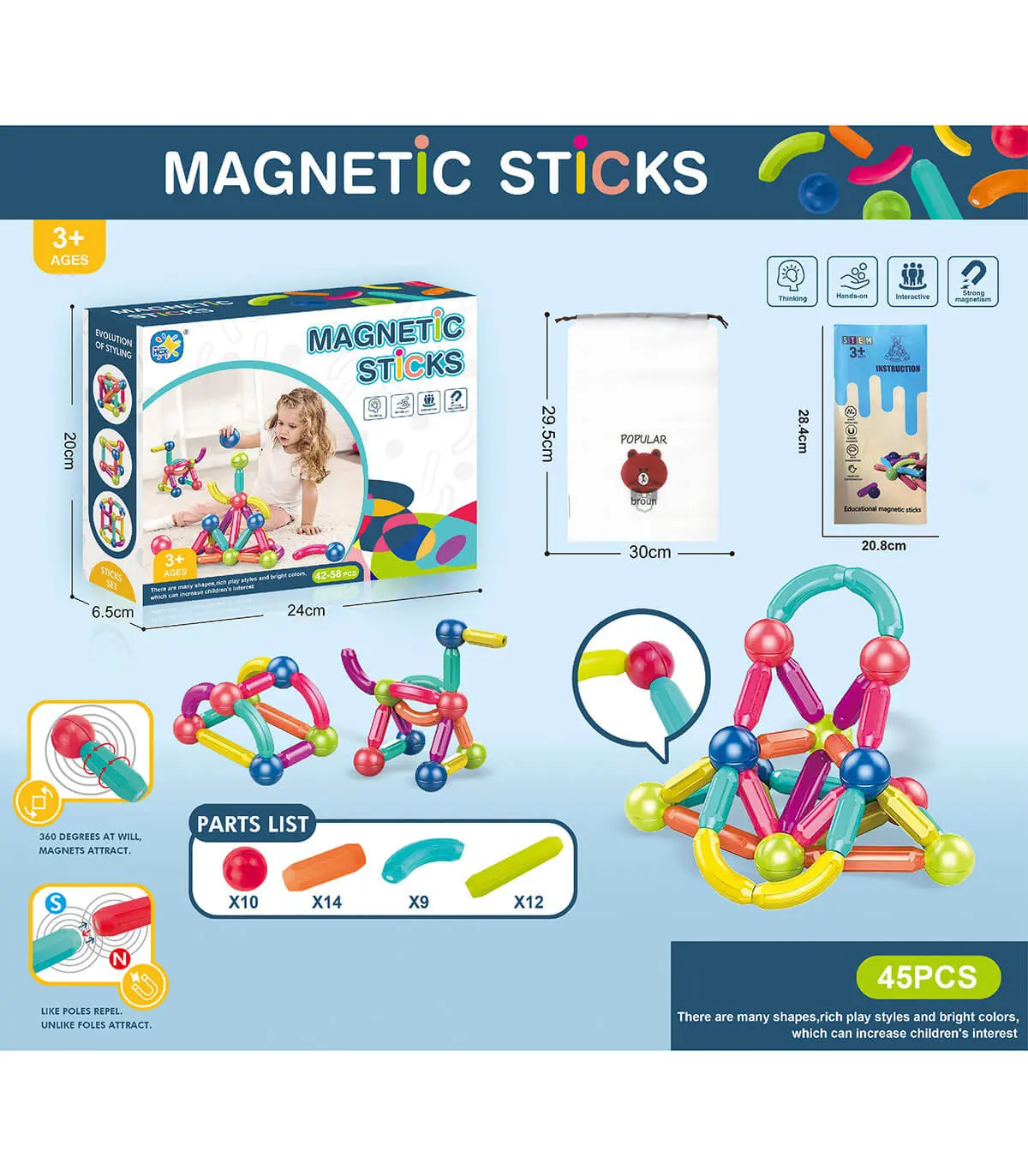 CHILDREN'S MAGNETIC CONSTRUCTOR STICKS 42-58 PIECES