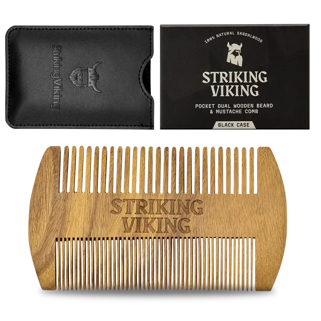 Impresionante peine y estuche de sándalo vikingo para barba | Peine de madera de doble cara para el cuidado de la barba