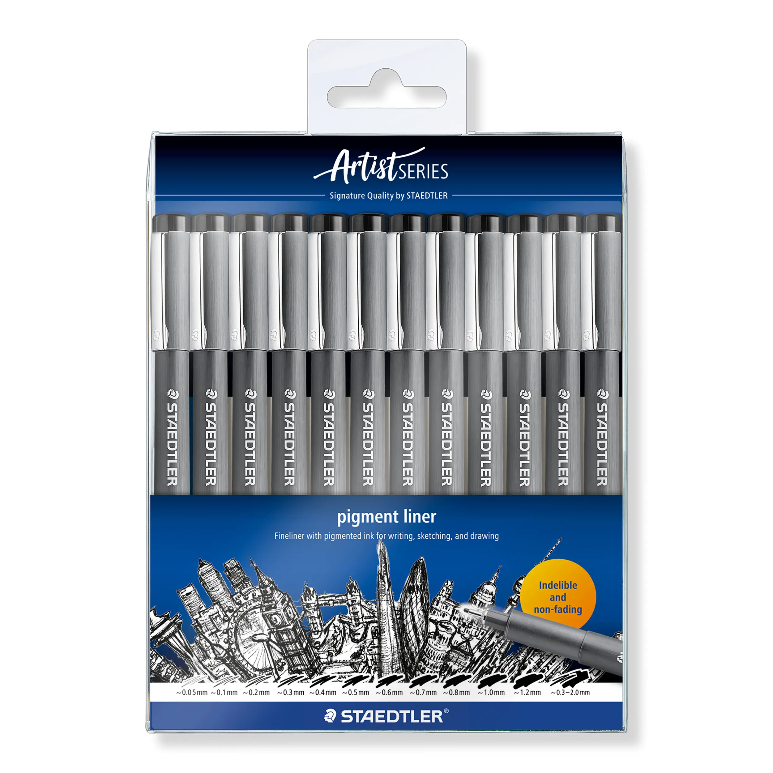 pigment liner 308 - Plastic case with 12 black fineliner pens
