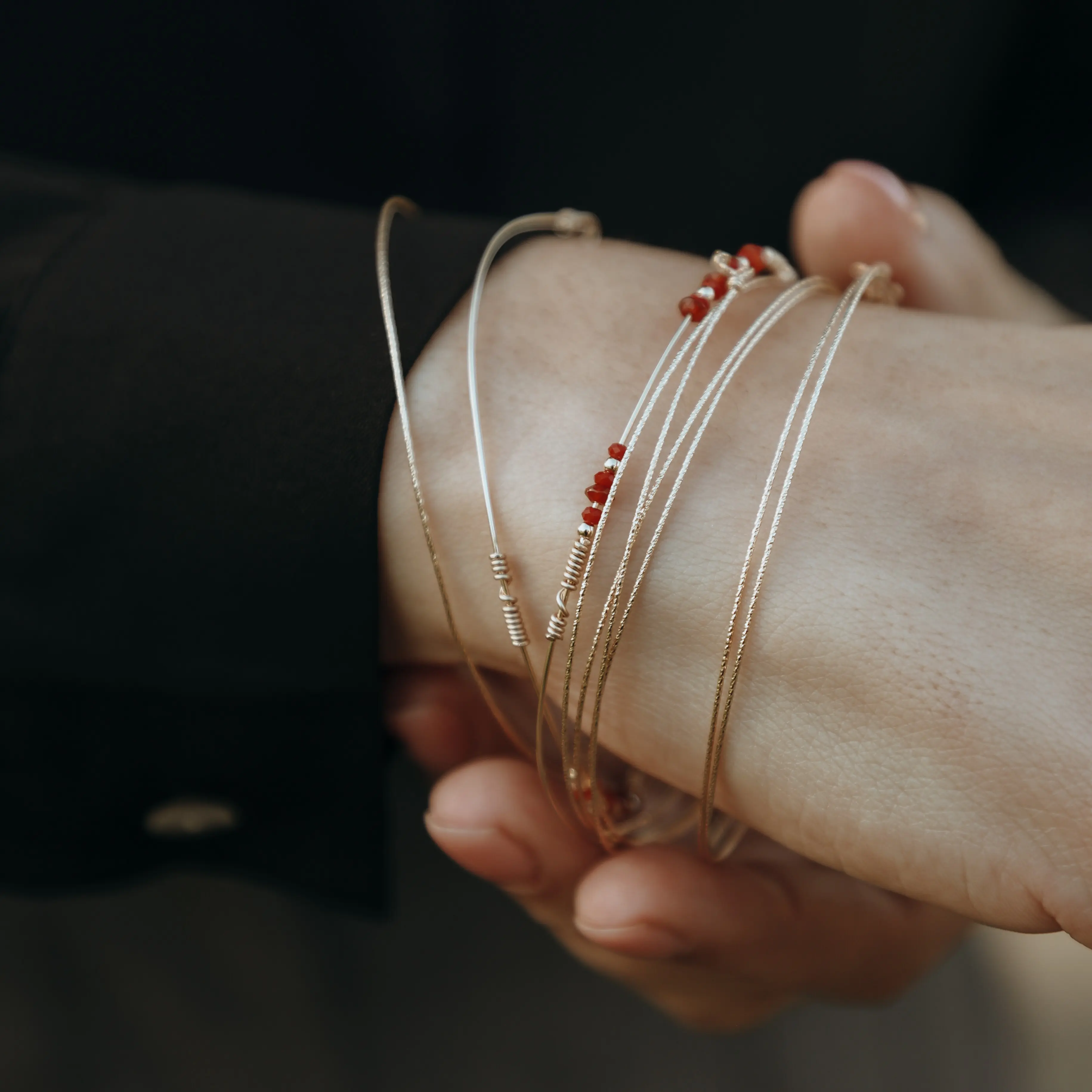 Pesca Acerola Set – Fine 14K Gold Filled bangles, Carnelian & Red Crystal