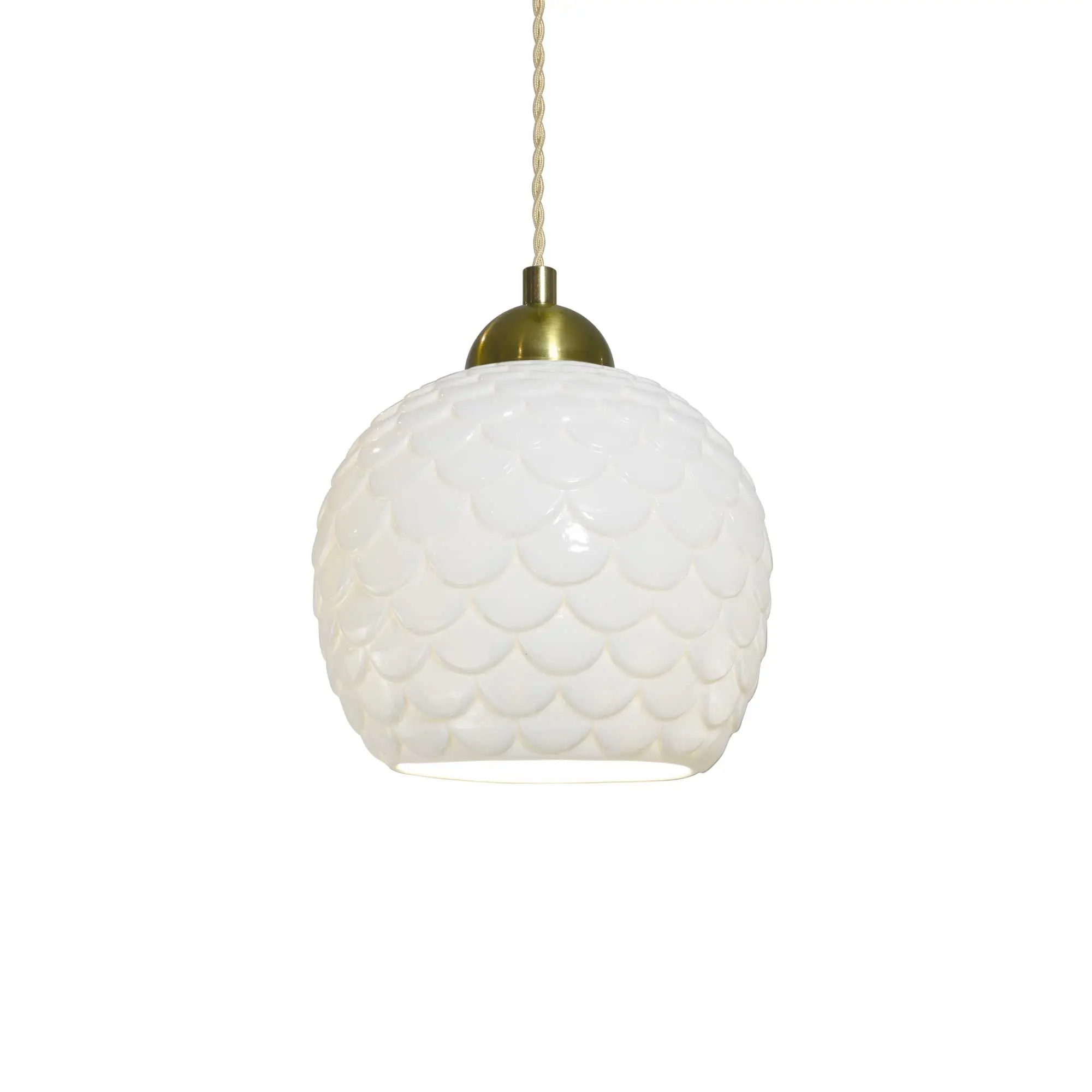 Mirène white ceramic pendant light with scale pattern