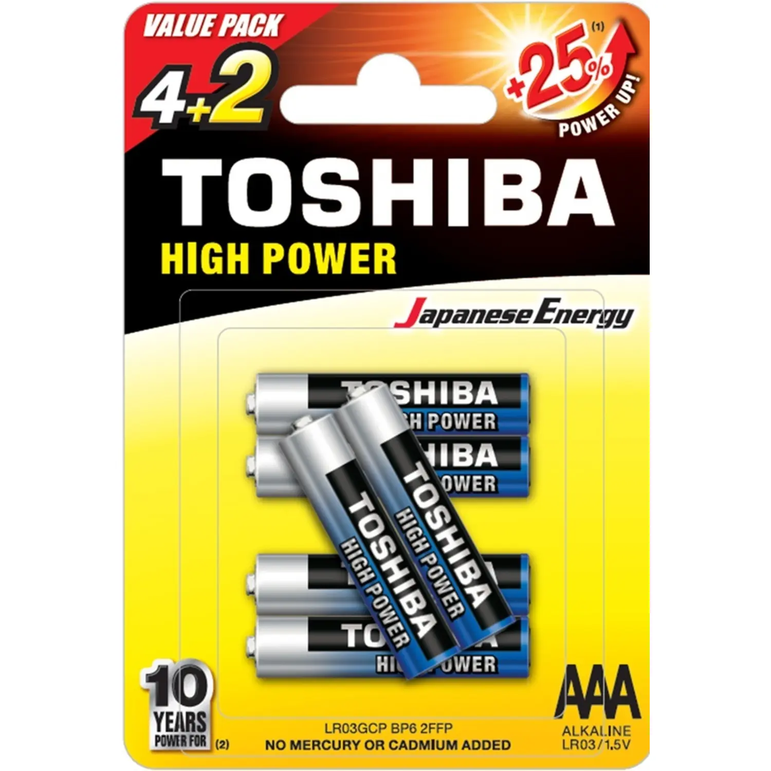 Toshiba High Power AAA Alkaline Batteries – Pack 6 (4+2 Free)