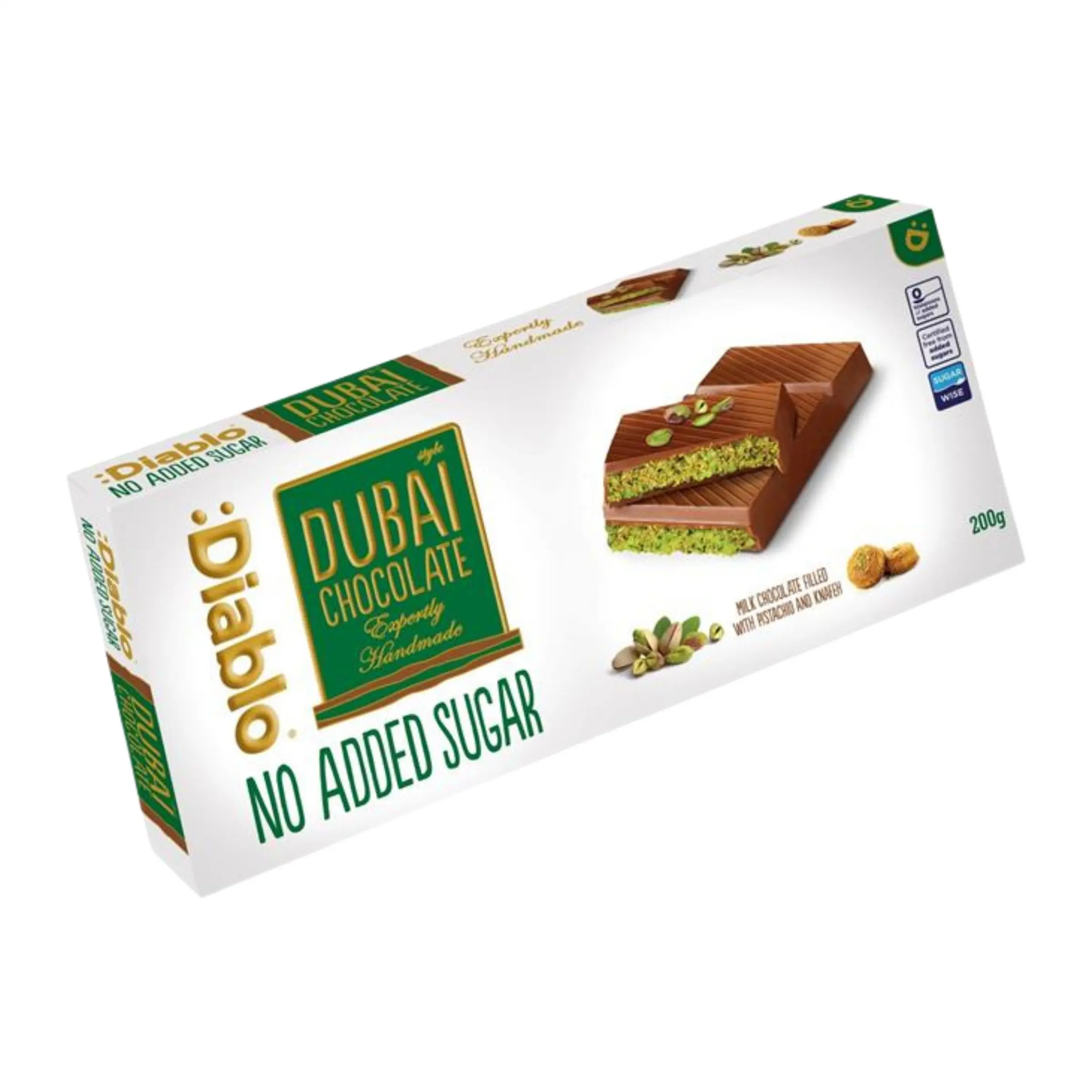 Tableta de chocolate y pistacho Dubai sin azúcar añadido, 200 g